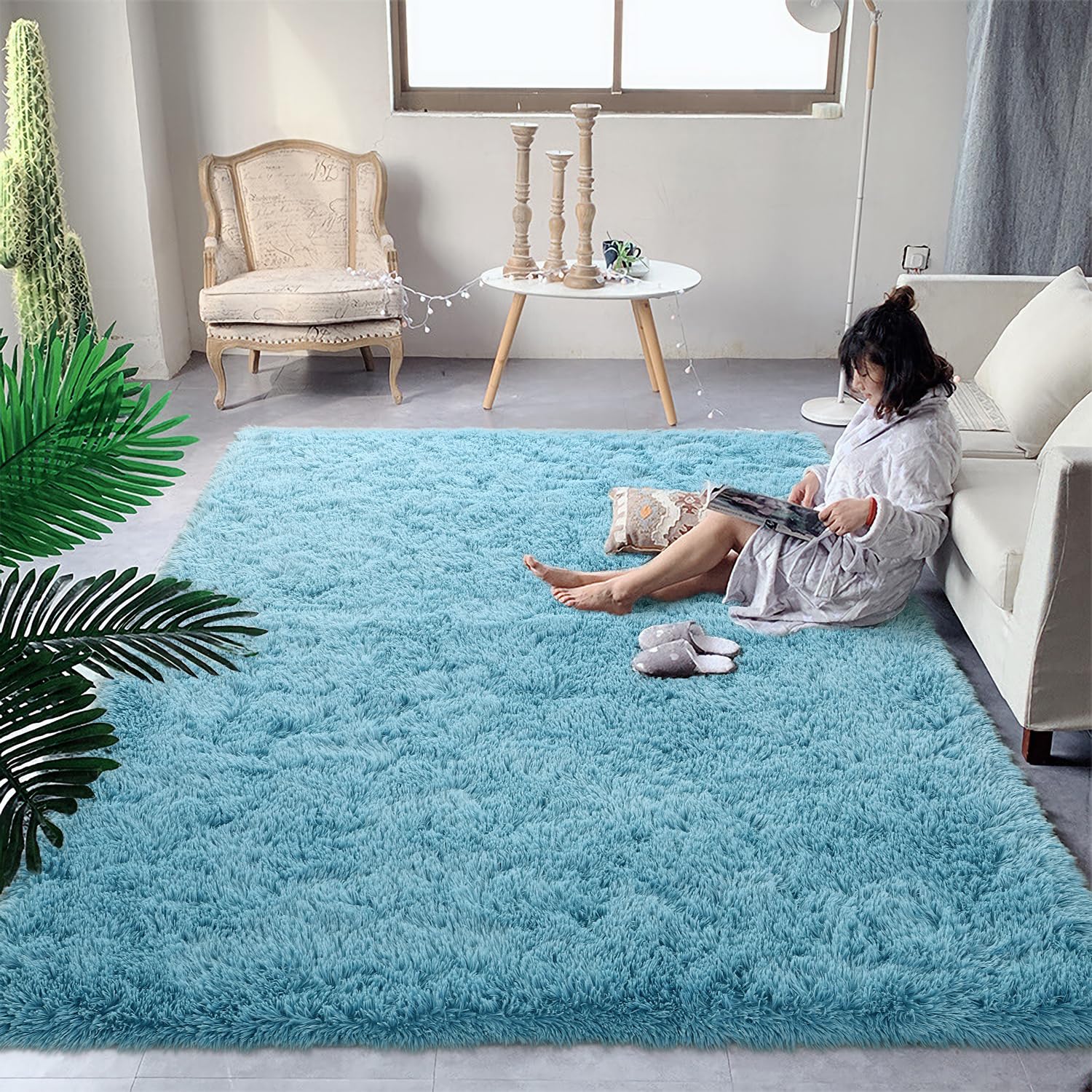 DweIke Fluffy Blue Rug Carpet for Bedroom Living Room, 4x6 Feet Area Rugs for Boys Kids Girls Bedroom Decor, Soft Shaggy Plush C