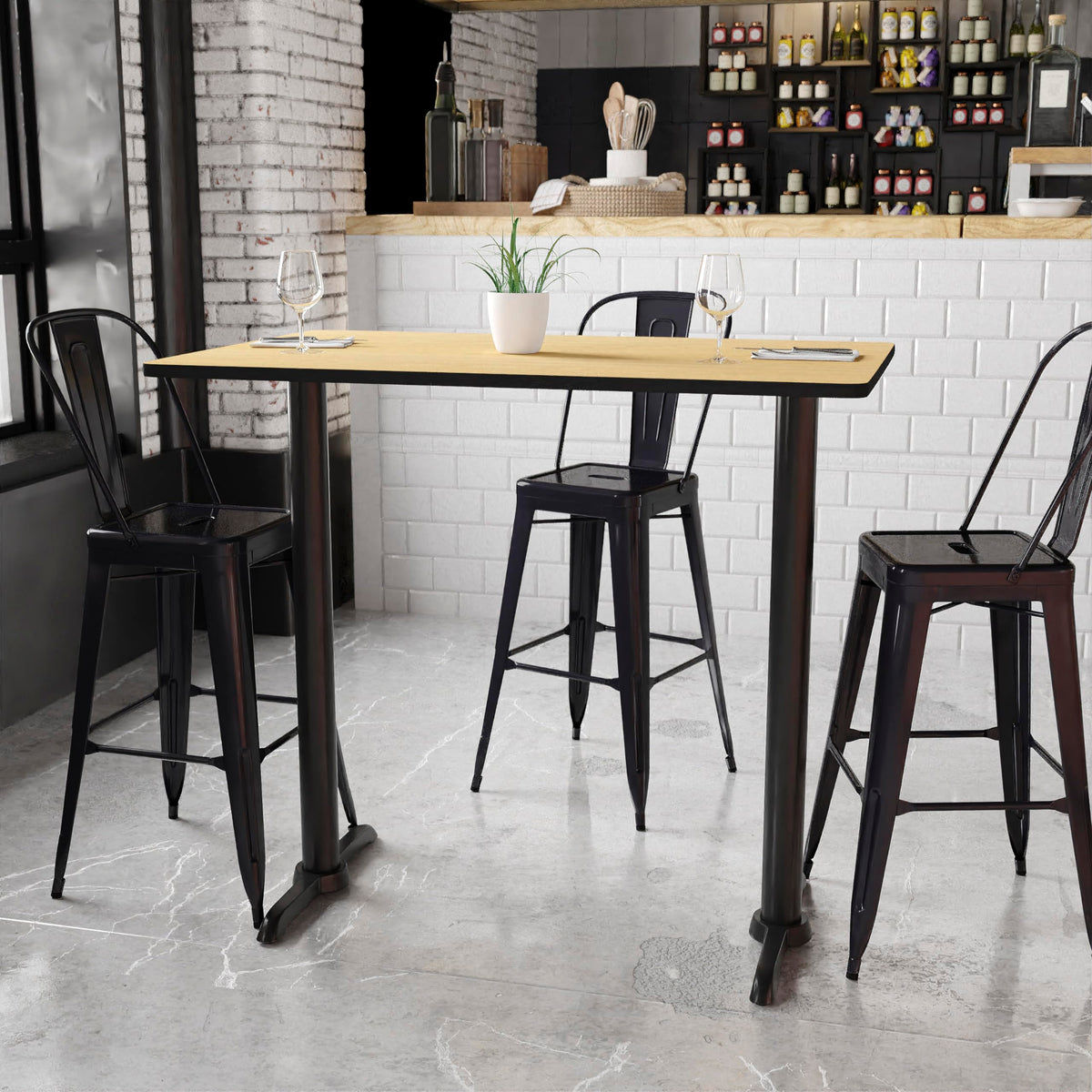 Flash Furniture 30'' x 48'' Rectangular Natural Laminate Table Top with 5'' x 22'' Bar Height Table Bases