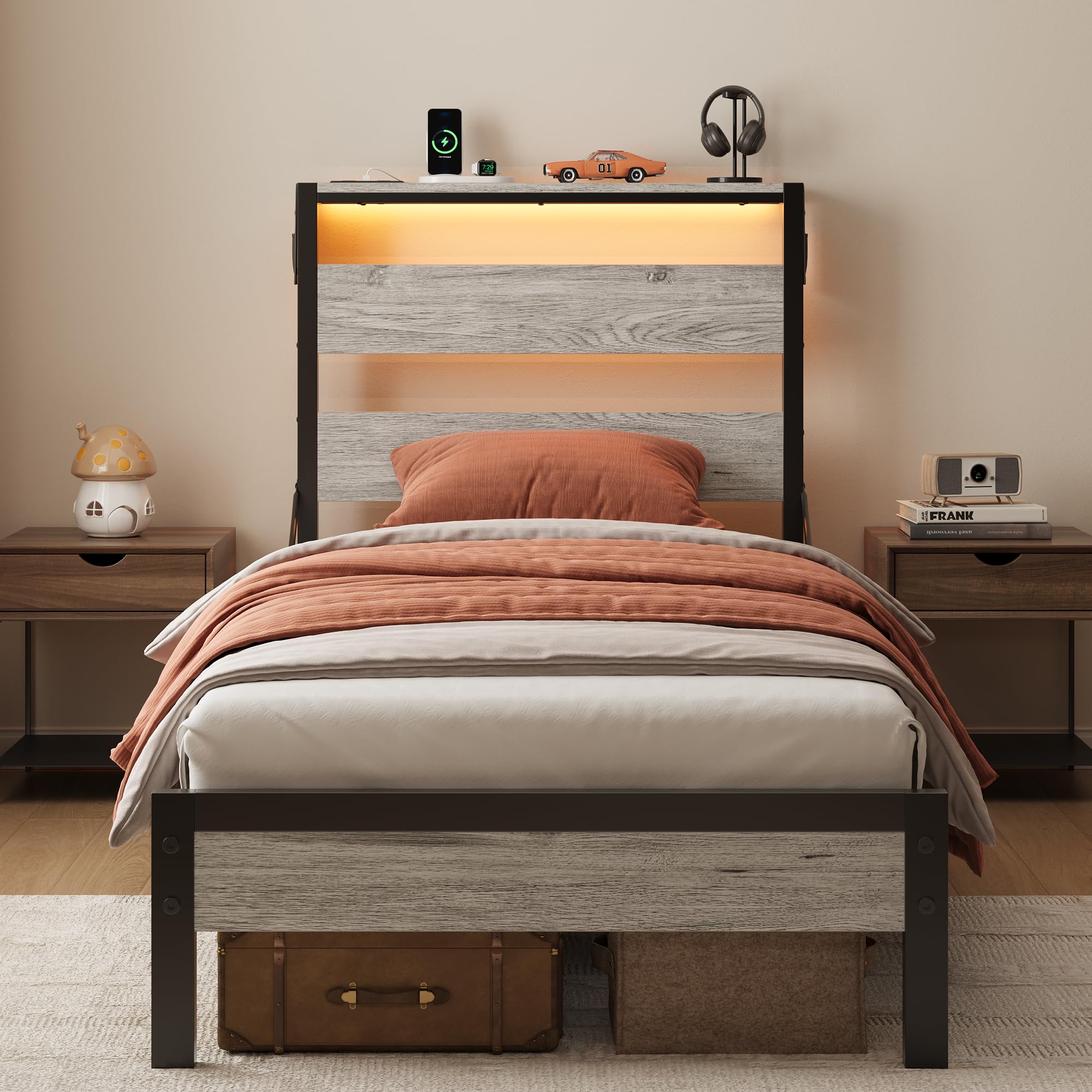 Bestier Twin Bed Frame with Storage Headboard and Charging Station, Grey Platform Bed Frame with LED Light, Non-Slip Metal Bed F