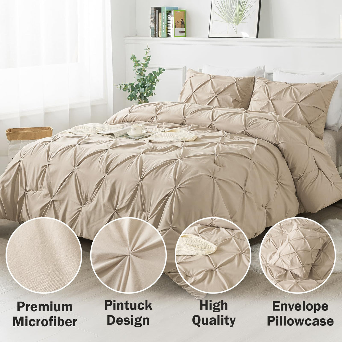 Andency California King Comforter Set Khaki (104X96Inch), Pinch Pleat Cal King Comforter Set 3 Pieces, Oversized King Pintuck Bed Comforter, Microfiber Down Alternative Comforter Bedding Set