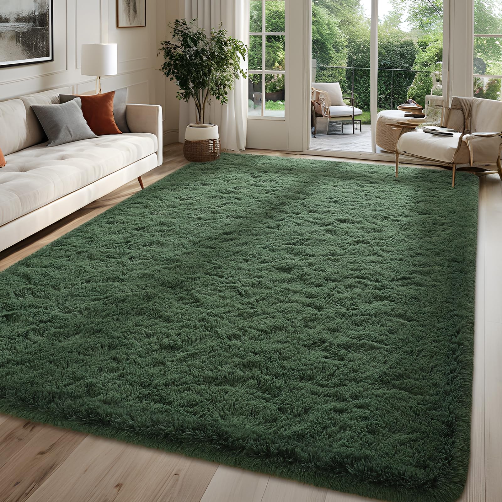 FALARK Large Soft Area Rugs for Bedroom Living Room, 8x10 ft Dark Green Fluffy Rug Carpets for Girls Kids Room, Shaggy Fuzzy Ind