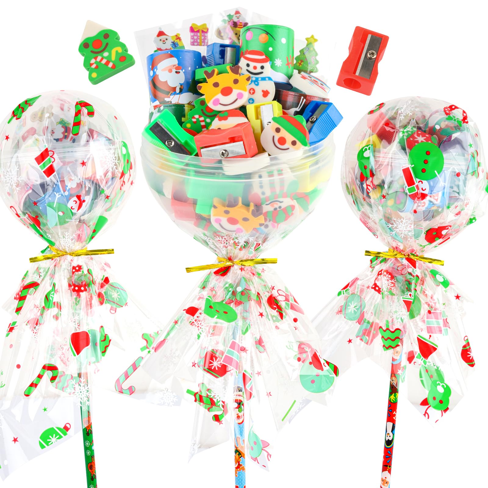 Thesixowls Giant Lollipop Christmas Goodie Bags, 24 Pack Stationery Christmas Classroom Gifts Bulk Xmas Class Stationery Gifts f