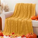 Battilo Mustard Yellow Throw Blanket for Couch, Sofa, 51''x67'', Cable Knit Throw Blanket, Woven Chenille Throw Blankets for Bed