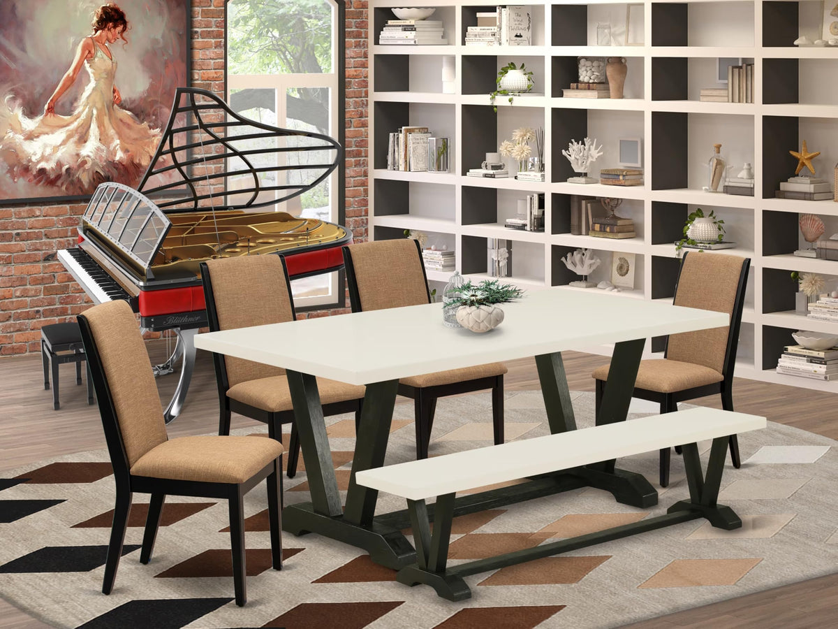 East West Furniture V627La147-6 6 Piece Modern Dining Table Set Contains A Rectangle Wooden Table And 4 Light Sable Linen Fabric Upholstered Chairs With A Bench, 40X72 Inch, Multi-Color