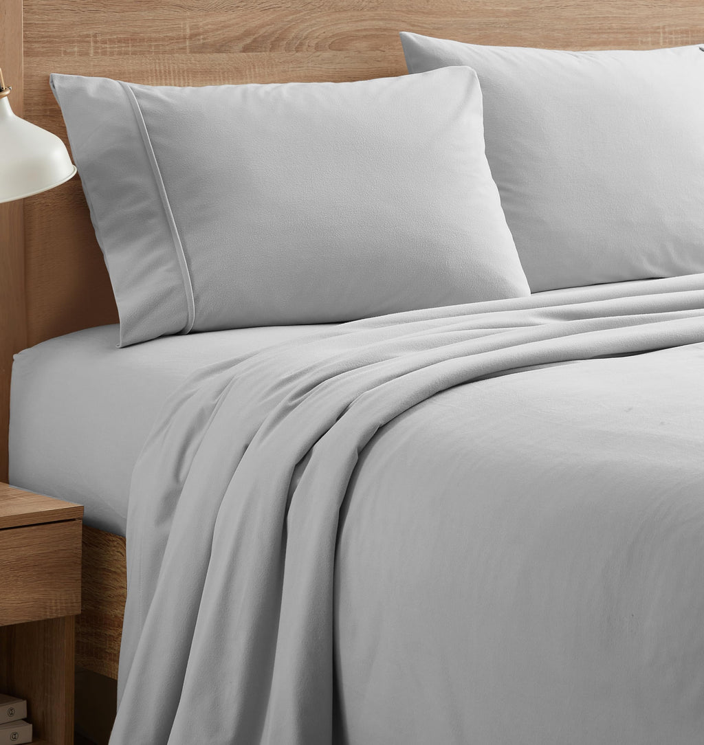 Flannel Sheets Queen Size Warm And Cozy Deep Pocket Breathable All Season Bedding Set With Fitted With Full Elastic & Built In Corner Sheet Straps, Flat And Pillowcases, Queen, Silver