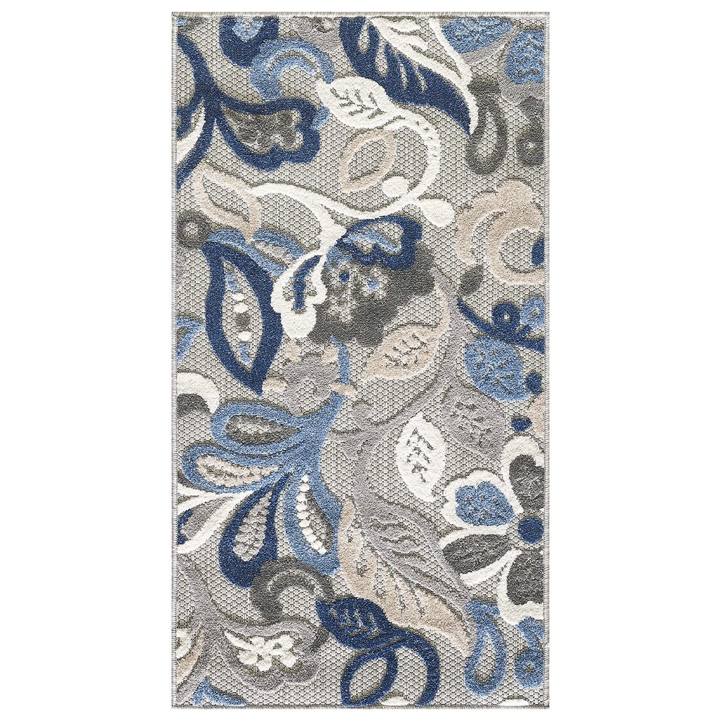 HomeRoots Grey/Blue 8’ Round Blue Gray Jacobean Floral Indoor Outdoor Area Rug