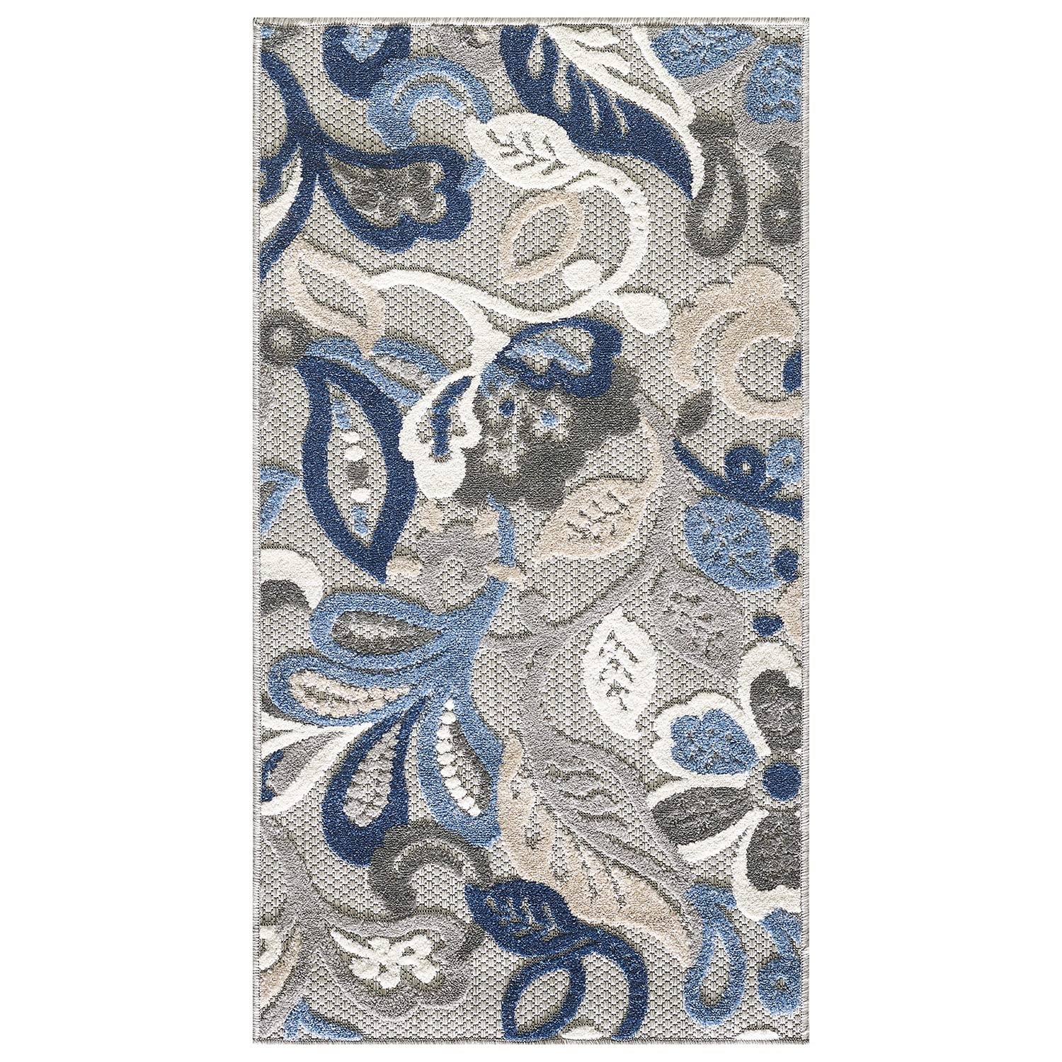 HomeRoots Grey/Blue 8’ Round Blue Gray Jacobean Floral Indoor Outdoor Area Rug