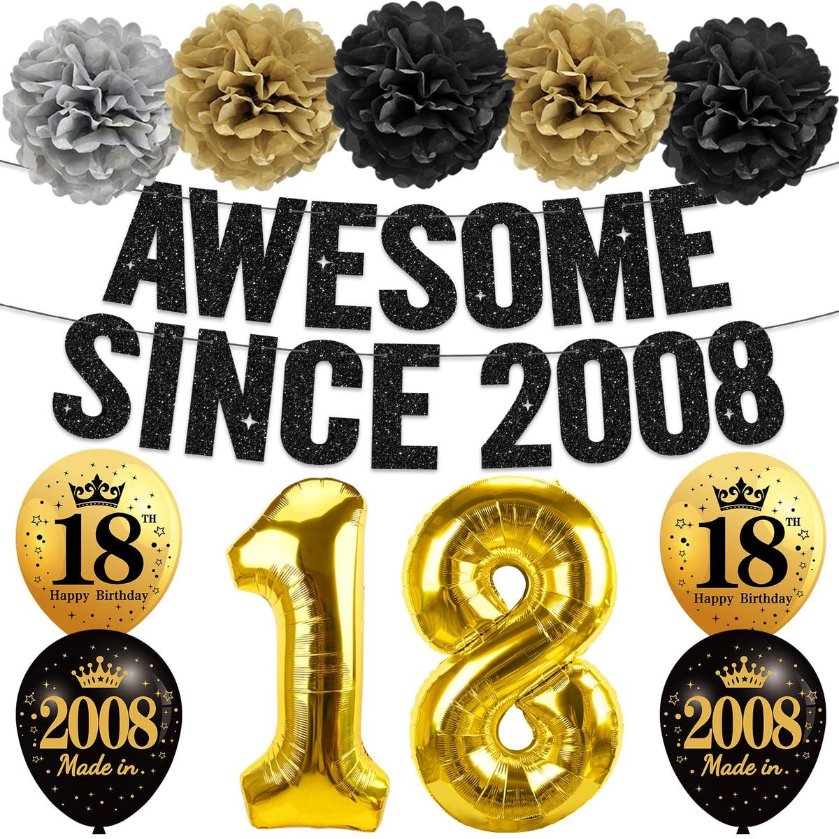 Black Gold 18th Birthday Decorations for Boys Girls