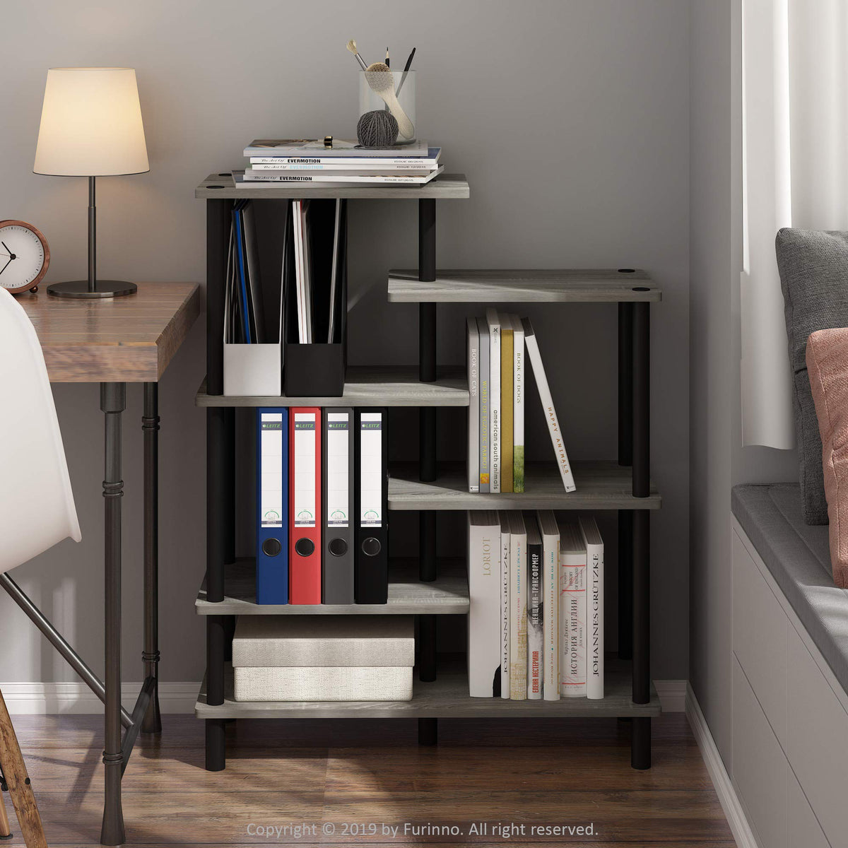Furinno Turn-N-Tube 6-Tier Accent Display Rack, French Oak Grey/Black