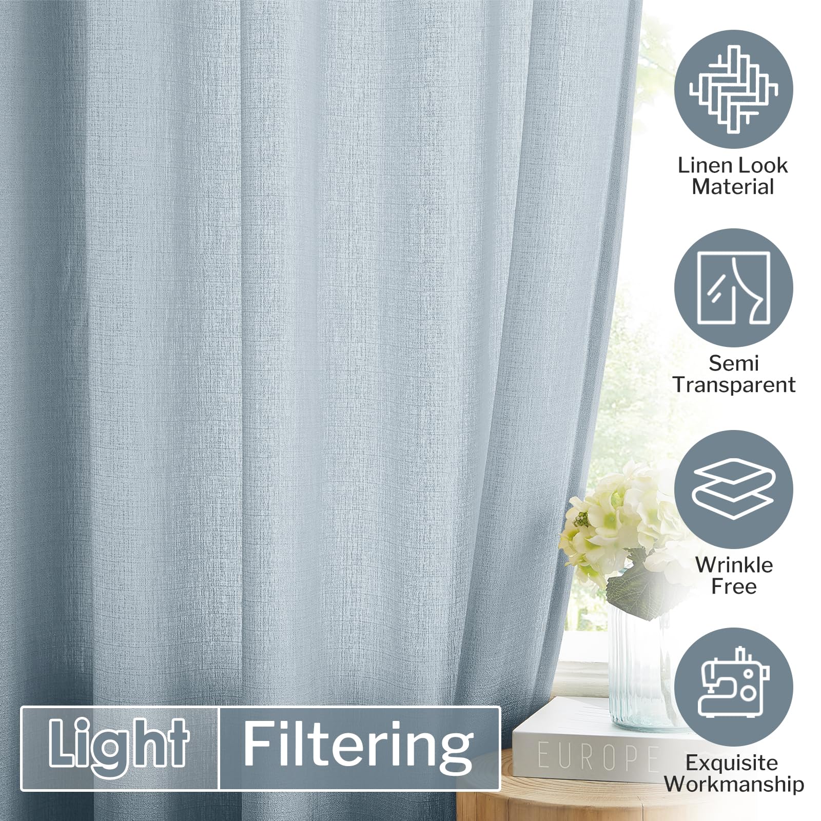 Melodieux Dusty Blue Semi Sheer Curtains 72 Inches Long For Bedroom, Living Room Linen Look Privacy Window Rod Pocket Sheer Drap