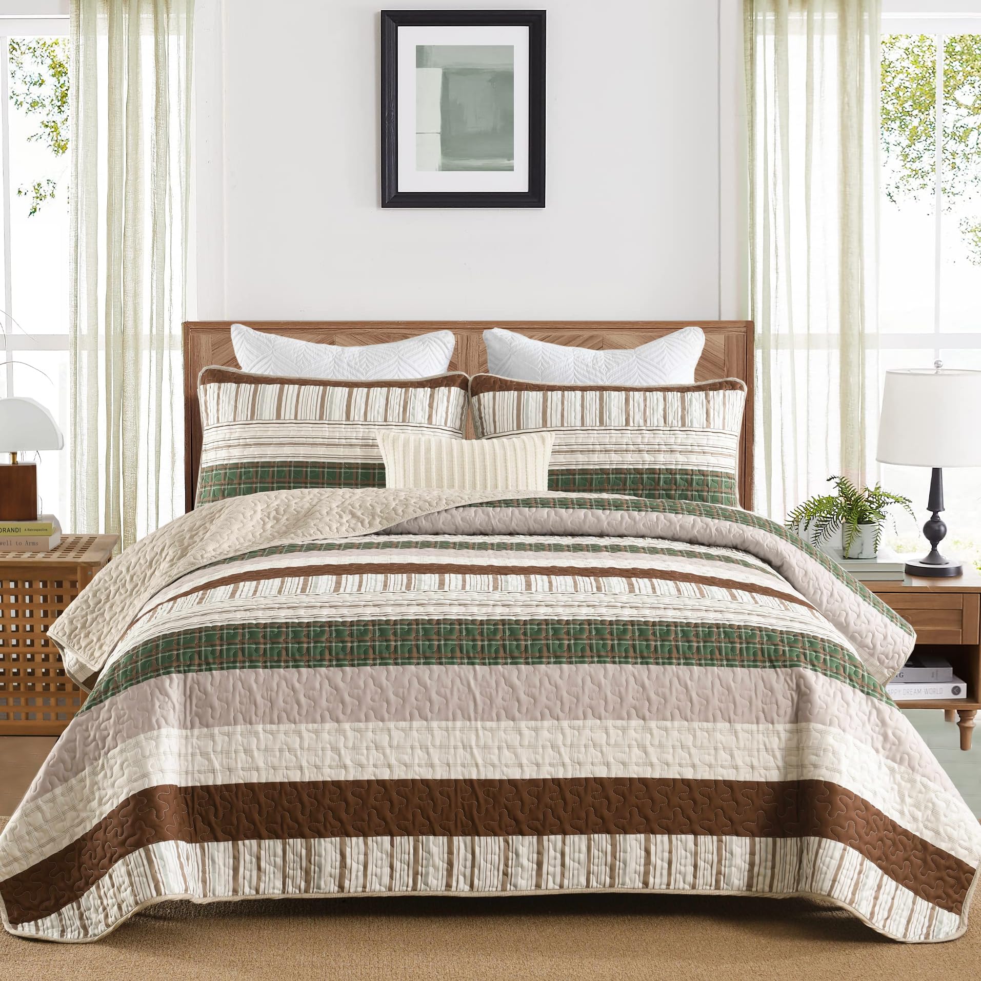 DJY Striped Quilt Set King Size, Boho Brown Green Striped Bedspread Coverlet Set Soft Microfiber Patchwork Quilt Bedding Set 3 P