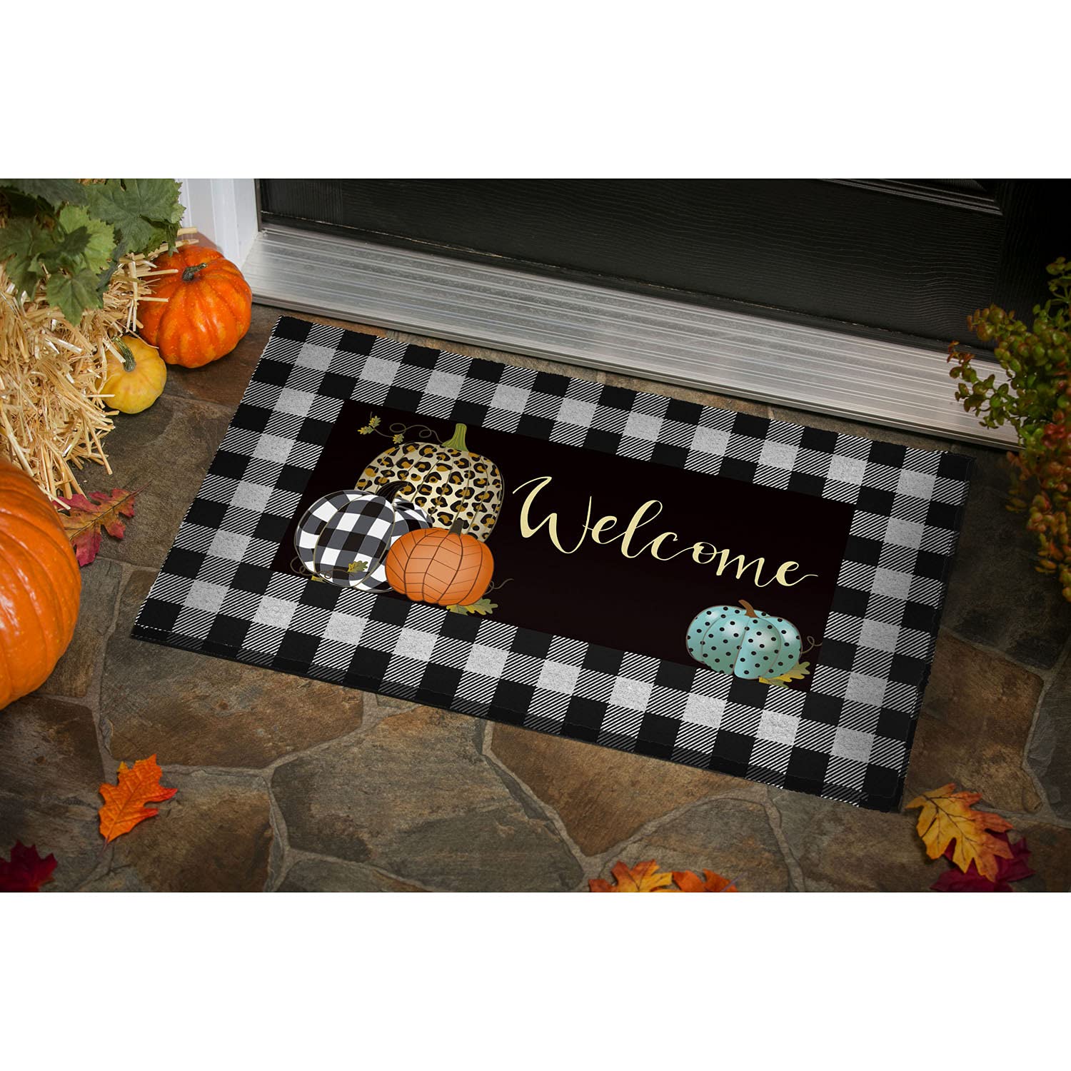 Evergreen Sassafras Mixed Print Pumpkins Interchangeable Entrance Doormat | Indoor And Outdoor | 22-Inches X 10-Inches | Non-Sli