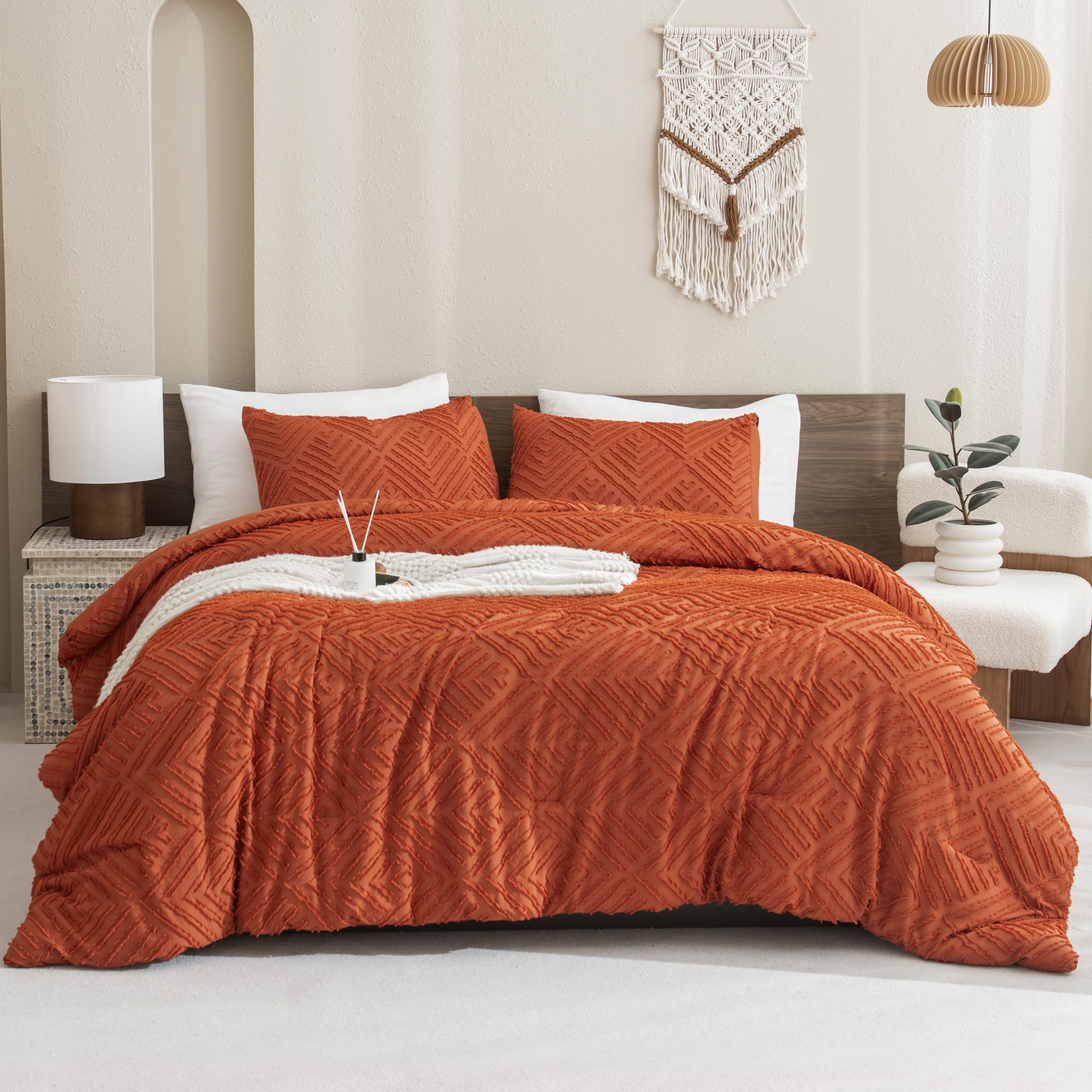 Andency Full Size Comforter Sets Burnt Orange, Boho Lightweight Full Bed Set, Terracotta Fluffy Bedding Set & Collections, 3 Pie