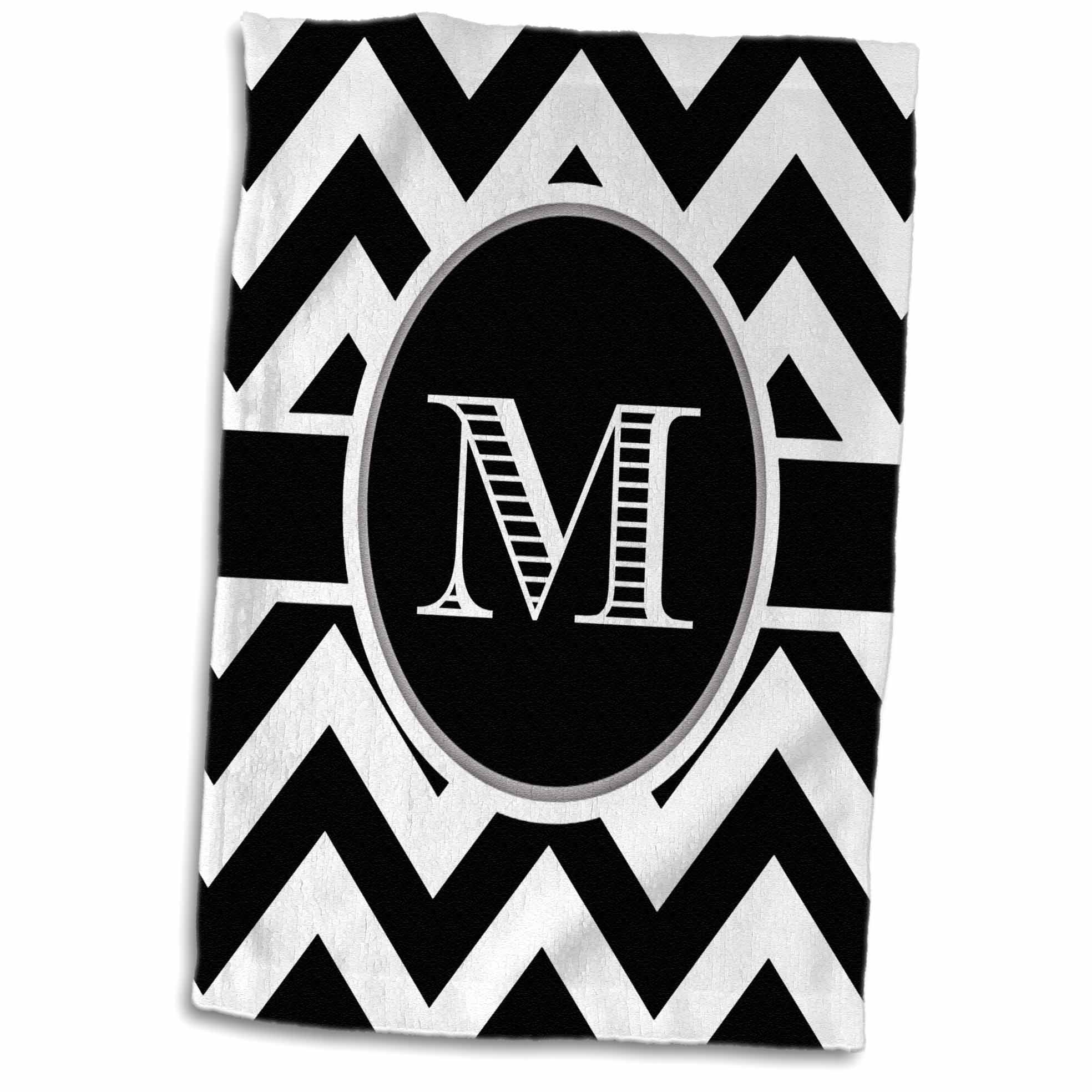 3D Rose Black and White Chevron Monogram Initial M Hand Towel, 15 x 22, Multicolor