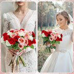 Hoemwarm 36 Pcs Red White Pink Artificial Roses With Long Stems, Fake Silk Rose Artificial Flowers Bulk For Bridal Wedding Bouqu