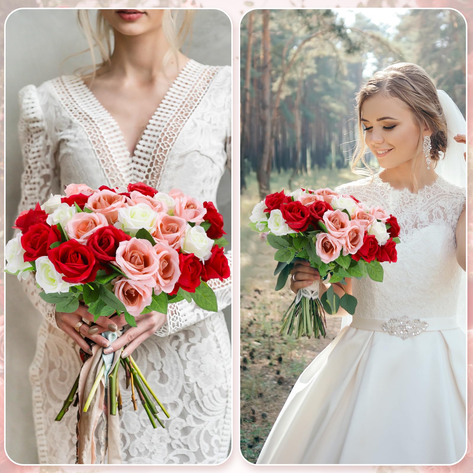 Hoemwarm 36 Pcs Red White Pink Artificial Roses With Long Stems, Fake Silk Rose Artificial Flowers Bulk For Bridal Wedding Bouqu