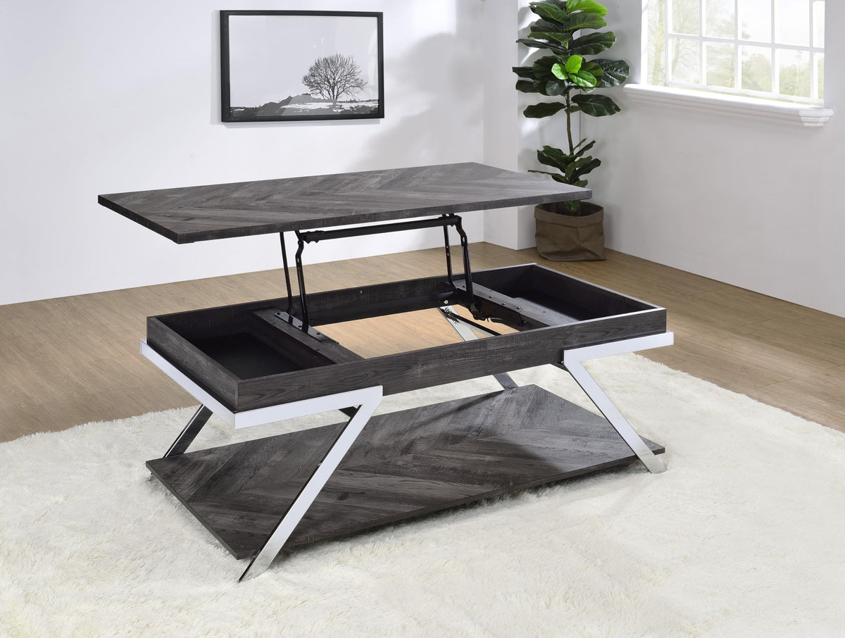 Steve Silver Co Roma Lift-Top Cocktail Table, Living Room, Silvershield® Tops, Undertop Storage Space, Bottom Shelf, Chrome Legs, Contemporary Style, 47.5" D x 24" W x 19.25" H, Black/Chrome