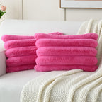 Futei Hot Pink Decorative Throw Pillow Covers 12X20 Inch Set Of 2, Square Soft Faux Rabbit Fur Big Striped Cushion Cover,Home De