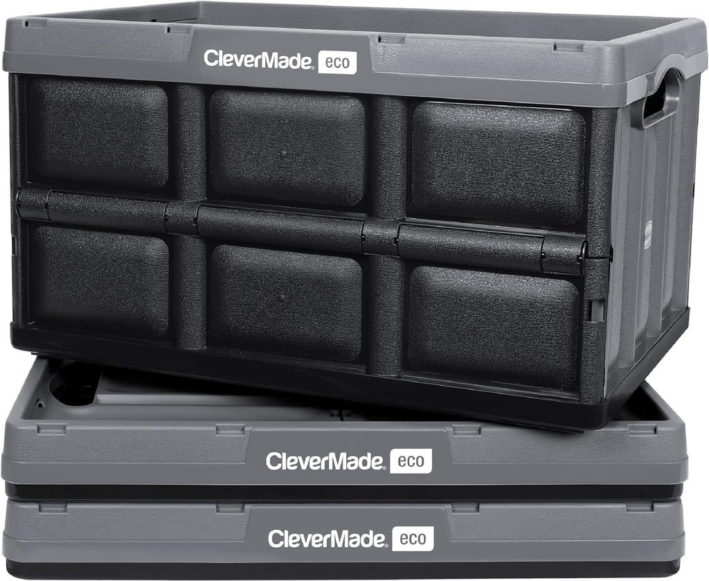 CleverMade Collapsible Storage Bin, Stone, 3PK - 62L (16 Gal) Stackable Storage Containers, Holds 100lbs Per Bin - Plastic Stora