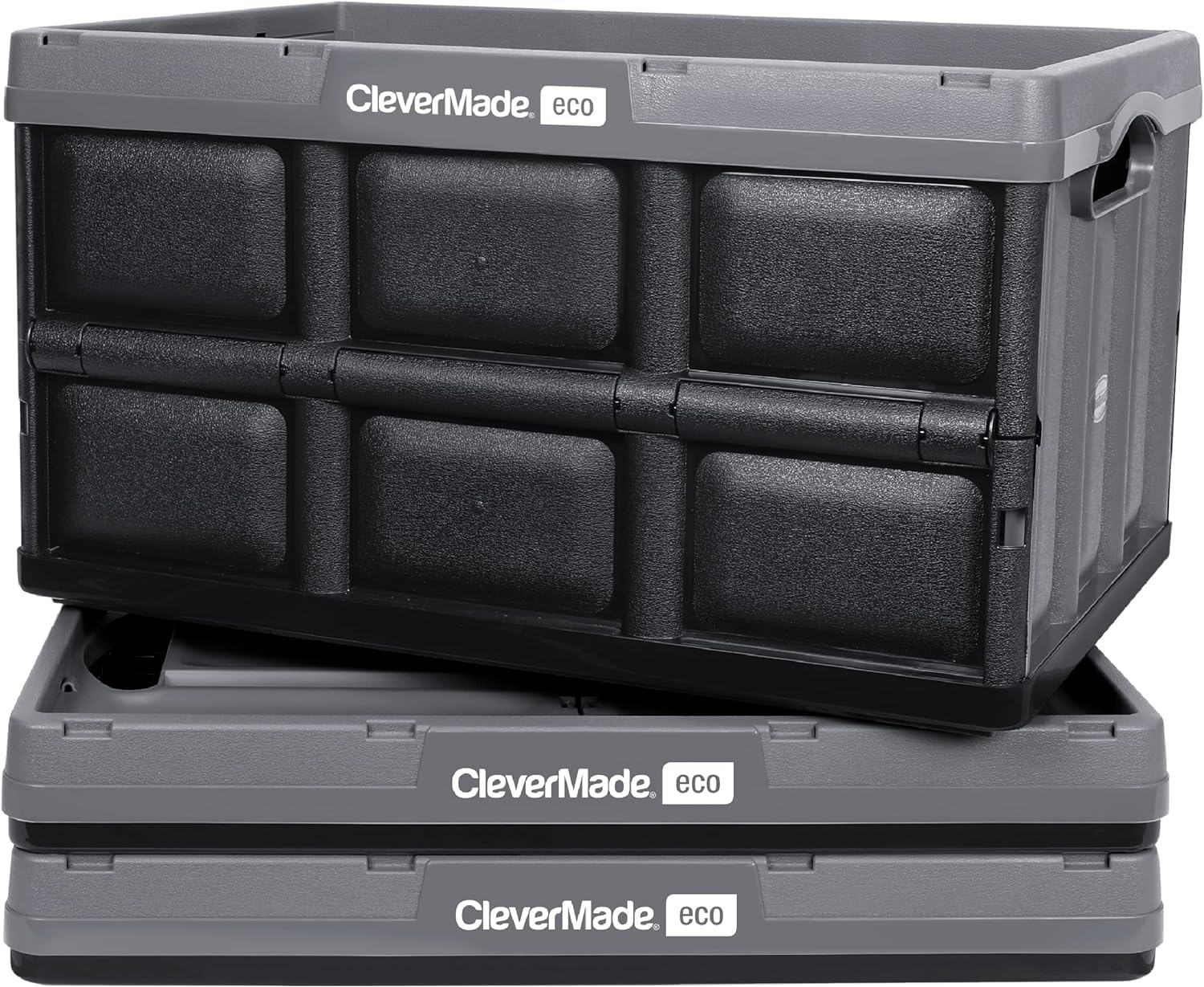 CleverMade Collapsible Storage Bin, Stone, 3PK - 62L (16 Gal) Stackable Storage Containers, Holds 100lbs Per Bin - Plastic Stora