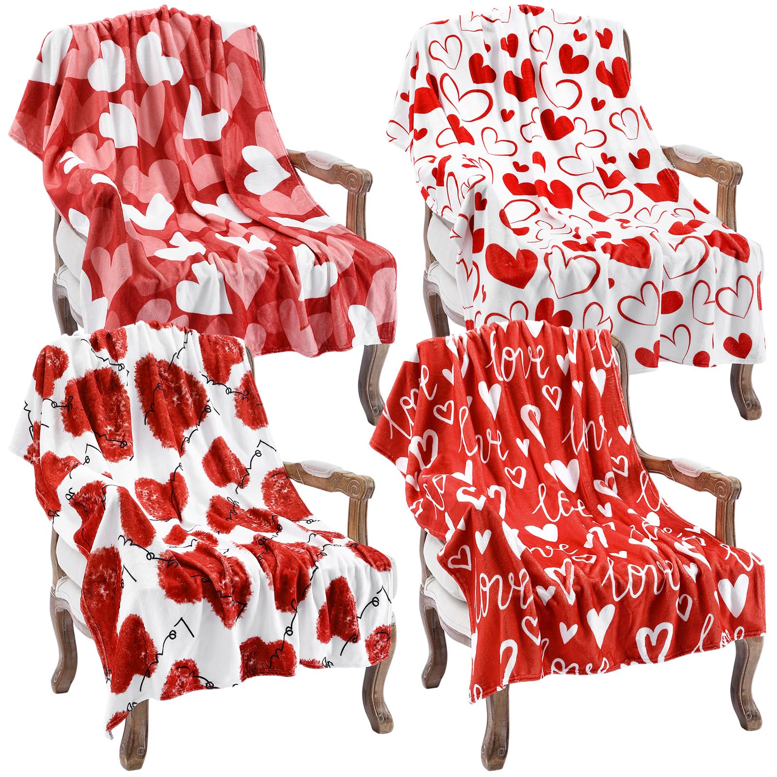 Oudain 4 Pcs Valentine Flannel Blanket Throw, Love Hearts Red Soft Fuzzy Plush Fleece Cozy Blankets for Couch Sofa Bed Lounging,