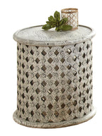 Steve Silver Samir Mango Wood End Hand-Crafted, Aged Alabaster Finish, Transitional Design with Latticework Base Table, 17 x 17 x 17