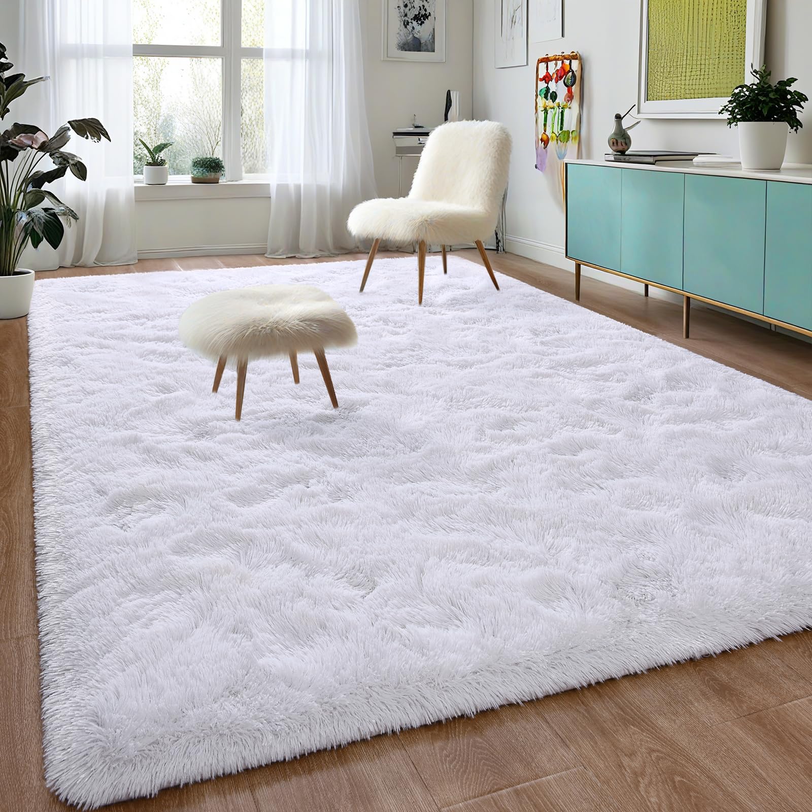 DweIke Super Soft Shaggy Rugs Fluffy Carpets, 5x8 ft, White Area Rug for Living Room Bedroom Girls Kids Room Nursery Home Decor,