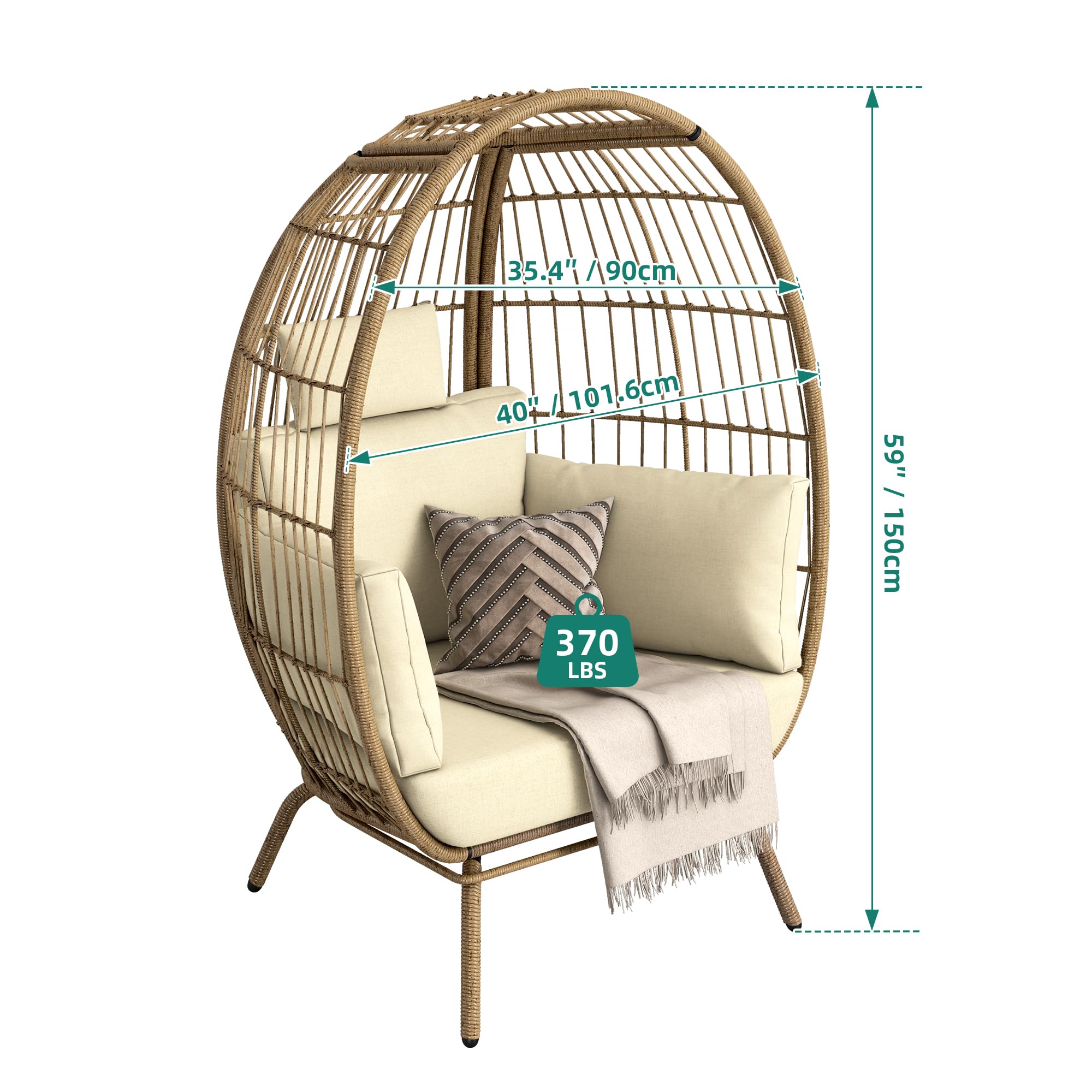 Yitahome Egg Chair Outdoor, 370Lbs Capacity Wicker Patio Basket Chair, All-Weather Oversized Stationary Egg Lounger Chair For Indoor Living Room Outside Balcony Backyard (Beige)