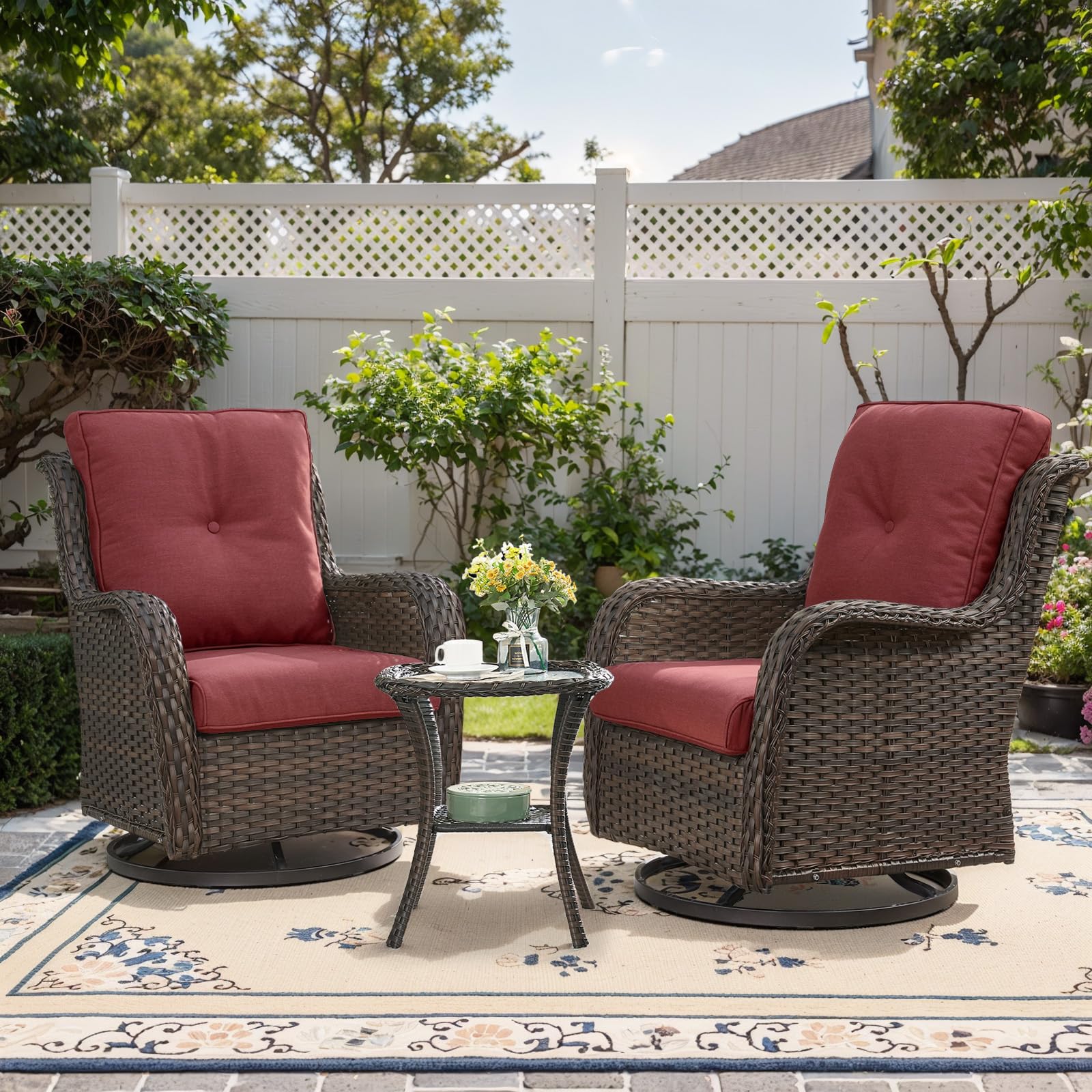 Belord Outdoor Swivel Rocker Patio Chairs - 3 Piece Outdoor Bistro Set Wicker Patio Rocking Chairs Set Of 2 With Side Table, 360 Degree Swivel Glider Seating For Porch Balcony Deck Brown/Red