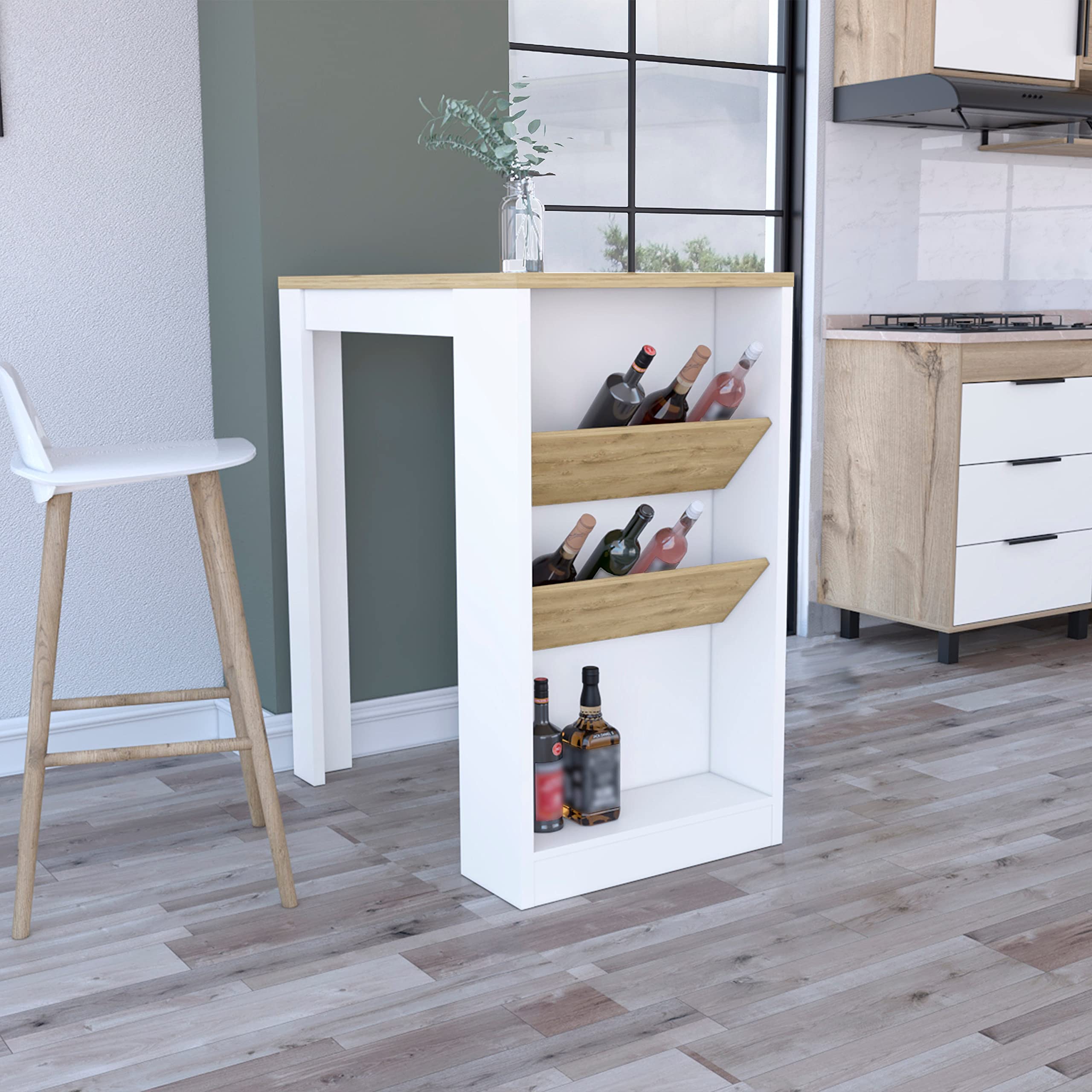 DEPOT E-SHOP Kitchen Island 41" H, 2 Bottle Organizer and Shelf, White/Macadamia