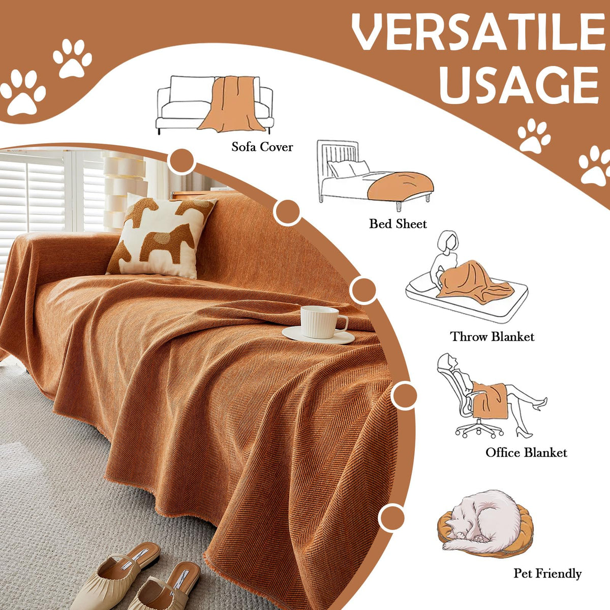Handontime Dark Orange Sofa Covers Couch Cover For Dogs Colorful Tassel Sofa Seat Cover Lovetseat Cover Pet Couch Cover Bohemian Sofa Cover For Couch Vintage Boho Couch Covers Futon Cover, 91' X150'