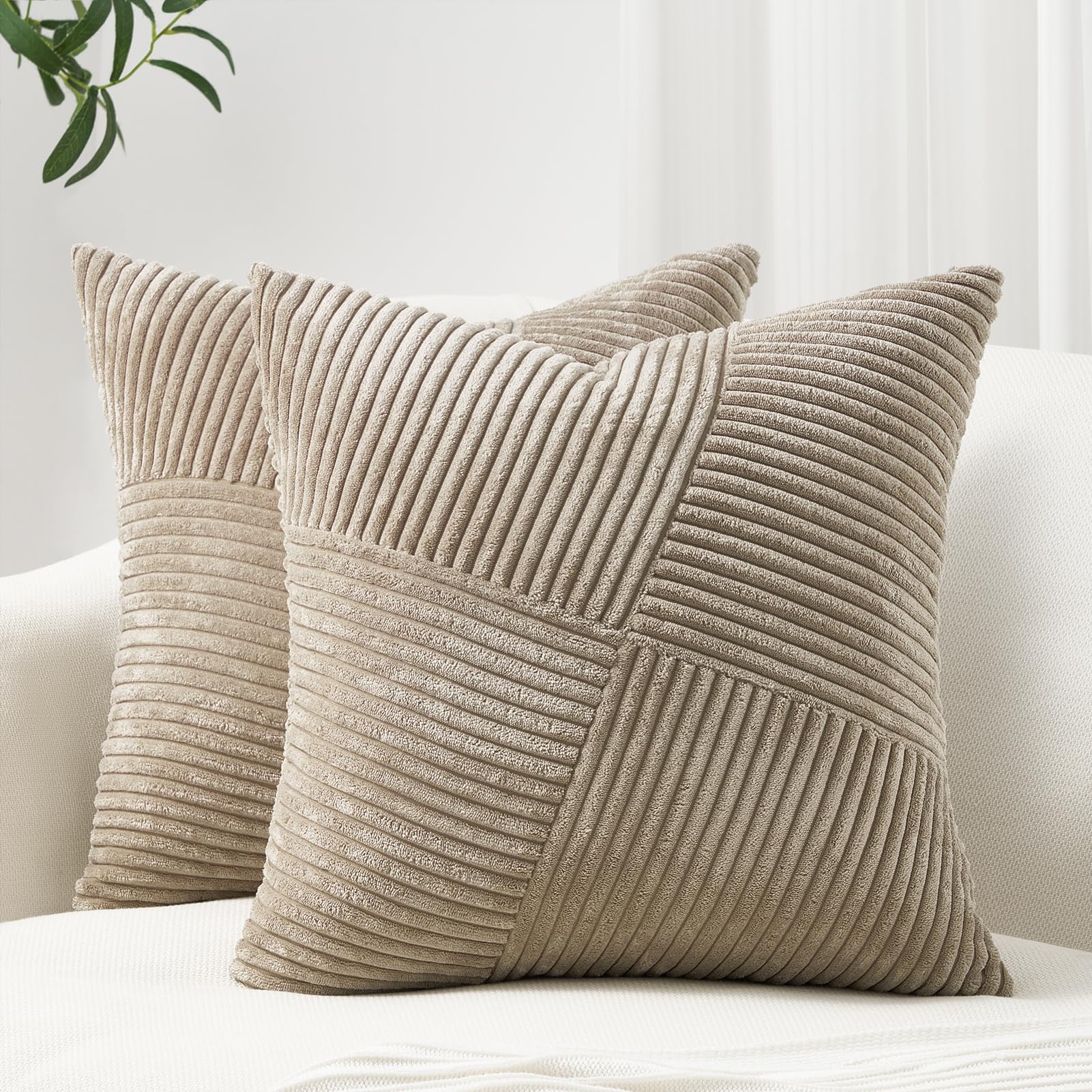 Topfinel 12x12 Inch Small Throw Pillow Covers Pack of 2 for Living Room Couch Bed Soft Corduroy Windmill Textured Boho Striped P