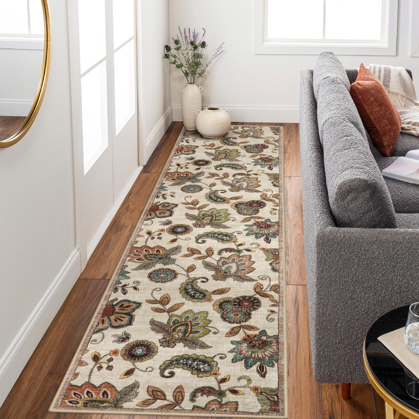 Morebes Floral Kitchen Runner Rugs Non Skid Washable,Long Hallway Runner Rug 8 ft,Non-Slip Bath Mat Distressed Paisley Indoor Fl