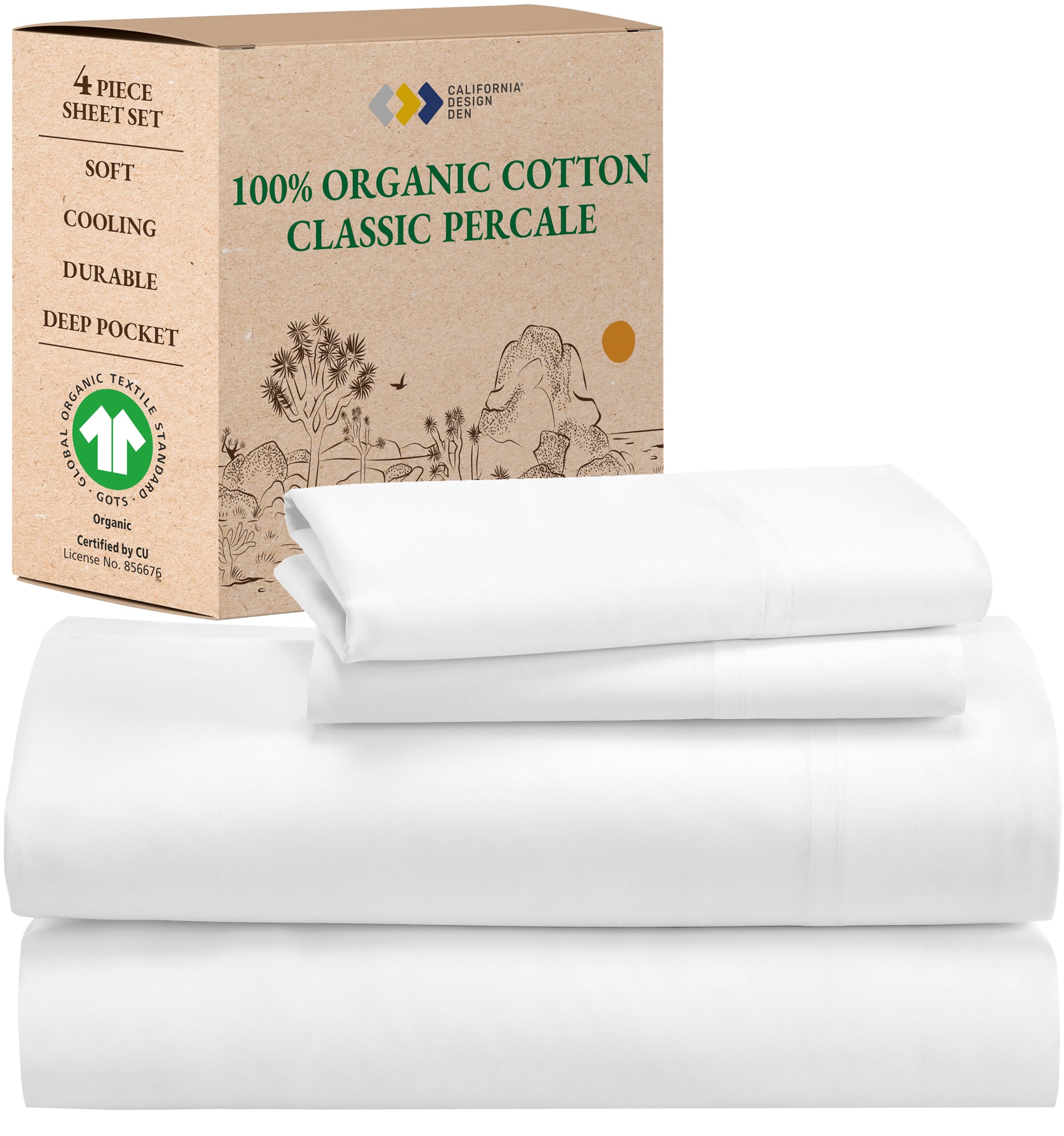 California Design Den 100% Organic Cotton Sheets for Queen Size Bed, Deep Pockets, Percale Sheets Queen, GOTS Certified, Soft Co