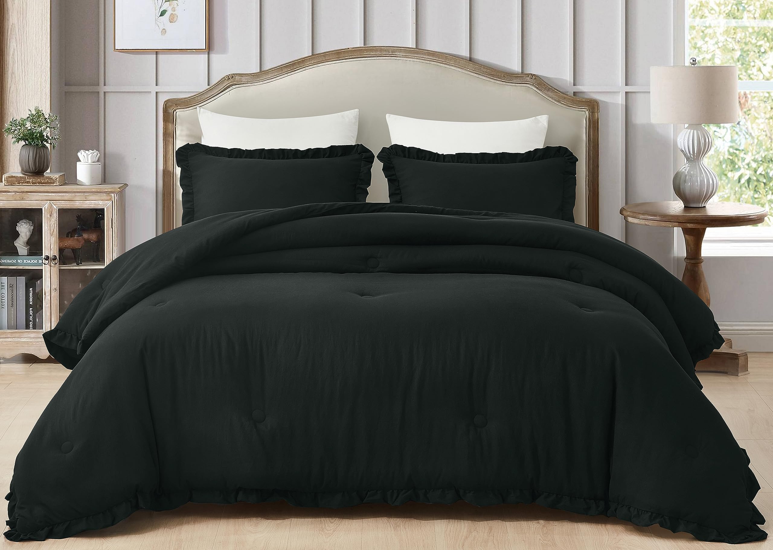 Chezmoi Collection Nora Black Comforter Set Oversized King Size 3-Piece Fluffy Soft Lightweight Bedding Ruffled Edge Trim Stone-