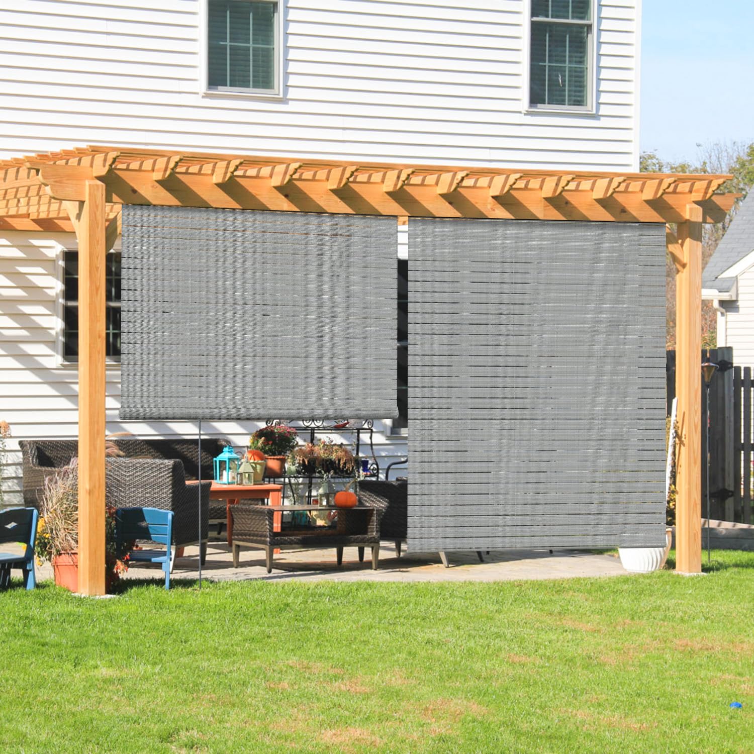 Coarbor Outdoor Roll Up Shades Blinds For Pergola Porch Balcony Deck Roller Shade Screen 7'W X 8'L Hollow Out Light Grey