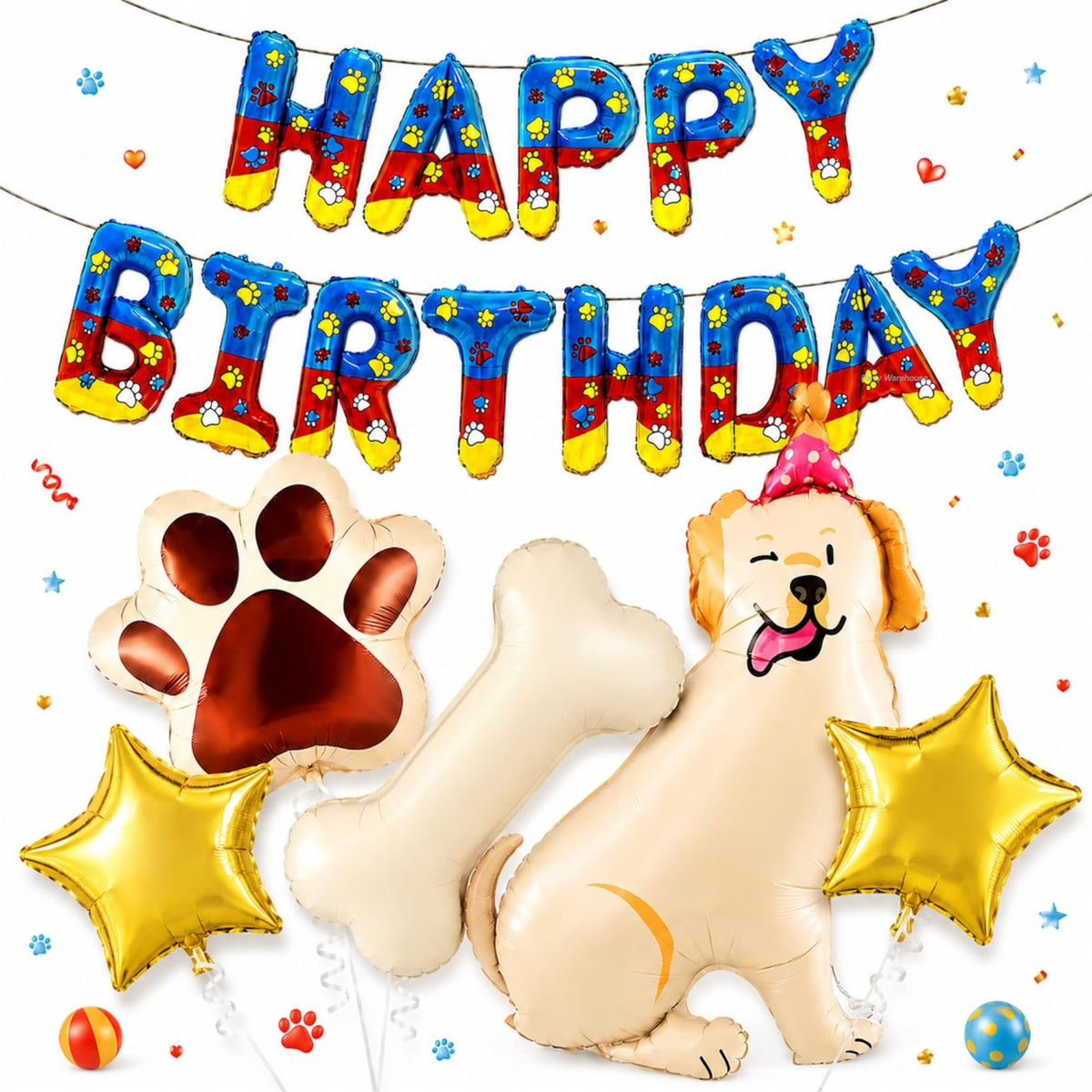 Party Warehouse Dog Theme Birthday Decoration Kit |Happy Birthday Foil Banner with Dog,Bone,Paw & Star Foil Balloons|Puppy Birth