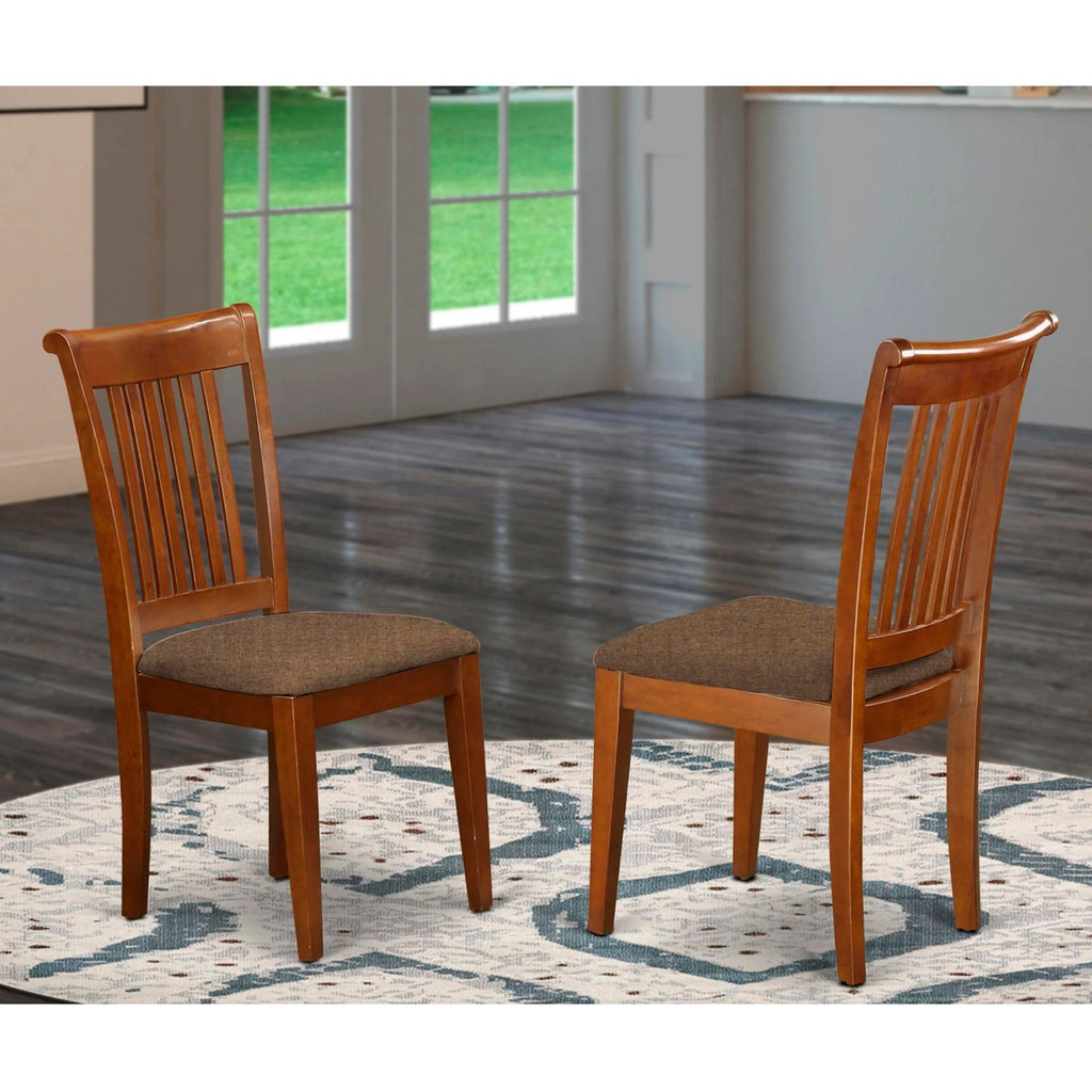 East West Furniture Portland Dining Linen Fabric Upholstered Wooden Chairs, Set of 2, Saddle Brown