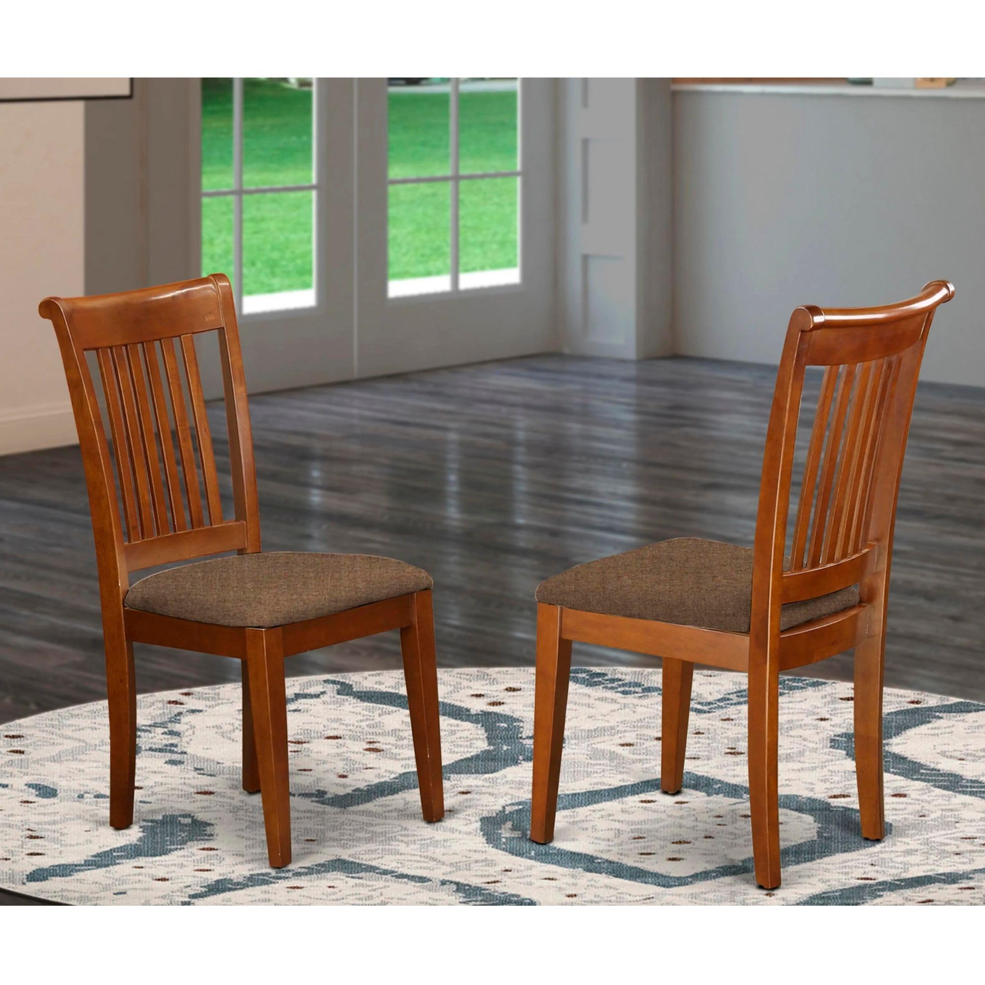 East West Furniture Portland Dining Linen Fabric Upholstered Wooden Chairs, Set of 2, Saddle Brown