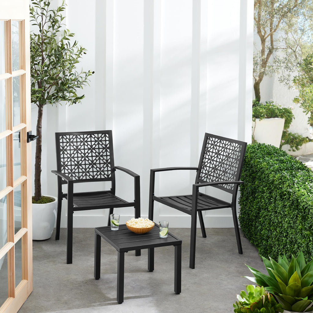 Best Choice Products 3-Piece Outdoor Bistro Set, Stackable Modern Steel Furniture For Porch, Garden W/ 2 Chairs, Table, Geometric Decor - Black