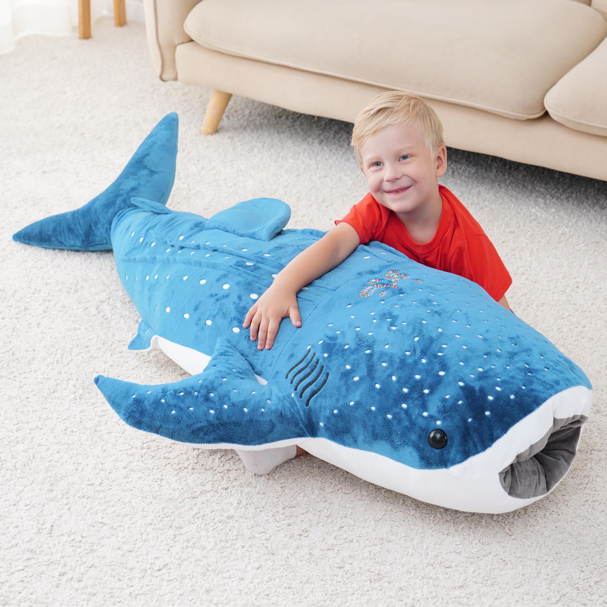 Mukouxun Giant Whale Shark Plush Pillow Toy - 120cm Blue Stuffed Animal, Realistic Plush, Model LJY-120CM
