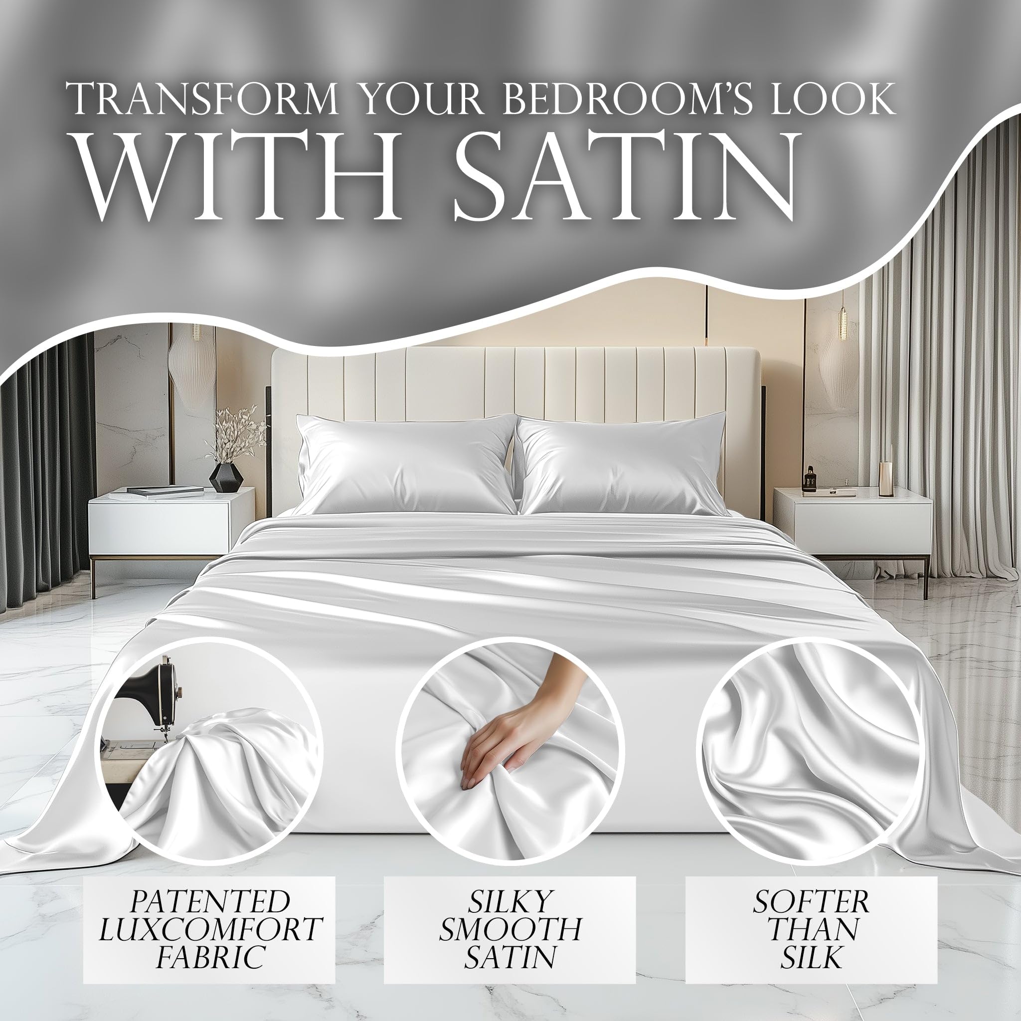 Decolure Satin Sheet Queen Set 6Pcs - Luxurious & Genuine Silk Feel Satin Sheets Queen - Elegant & All-Season Silky Soft Queen S