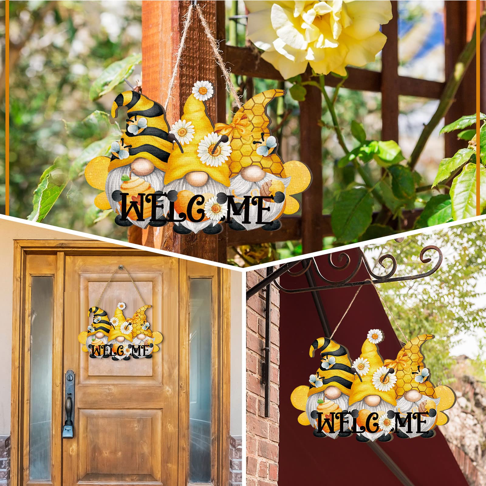 Bee Welcome Wood Door Hanger Wooden Gnome Sign Farmhouse Wall Porch Art Summer Front Door Wreath Hanging For Bedroom Living Room