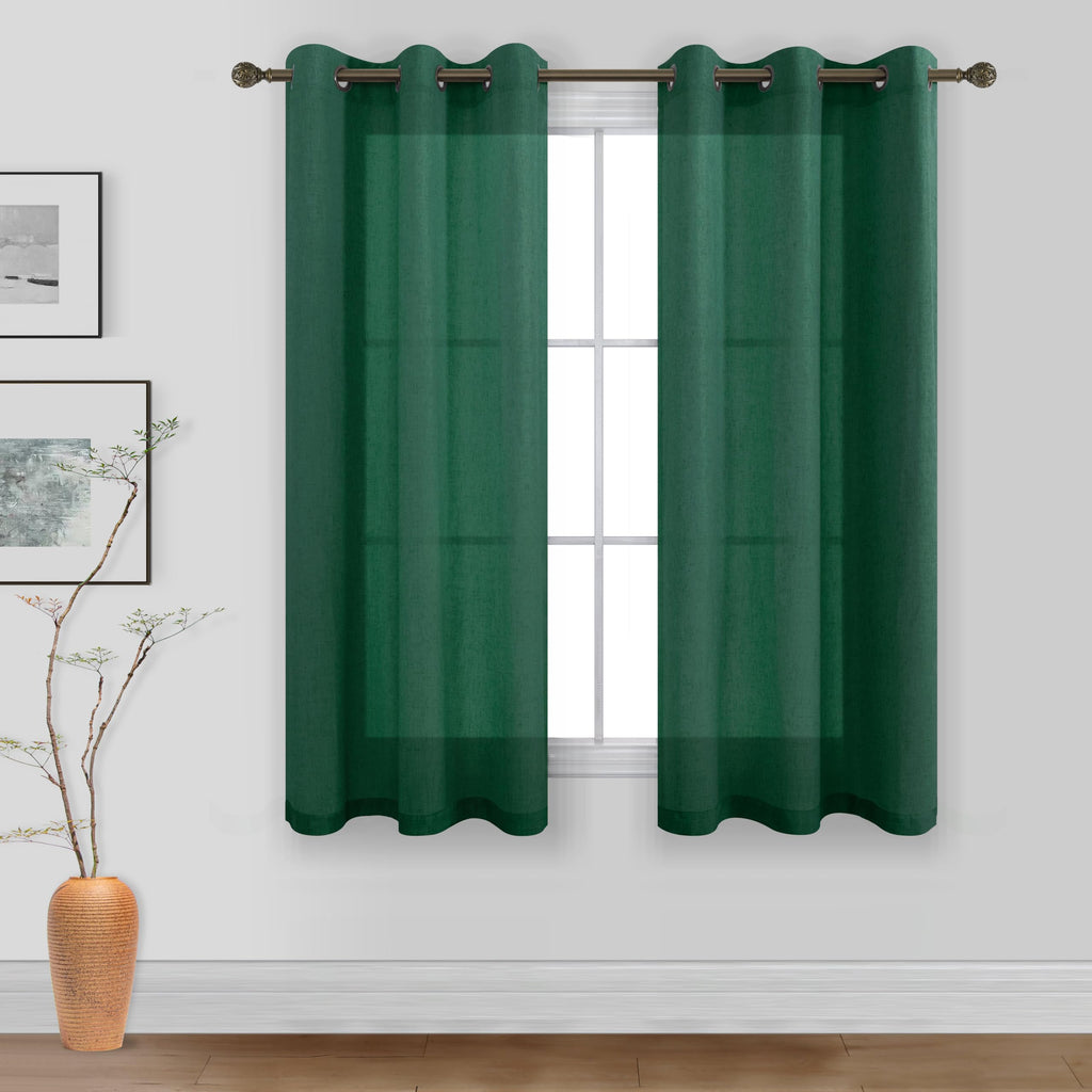 Koufall Dark Emerald Green Short Window Curtains For Bathroom Decor,Linen Sheer Curtains For Bedroom Kitchen,45 Inch Length
