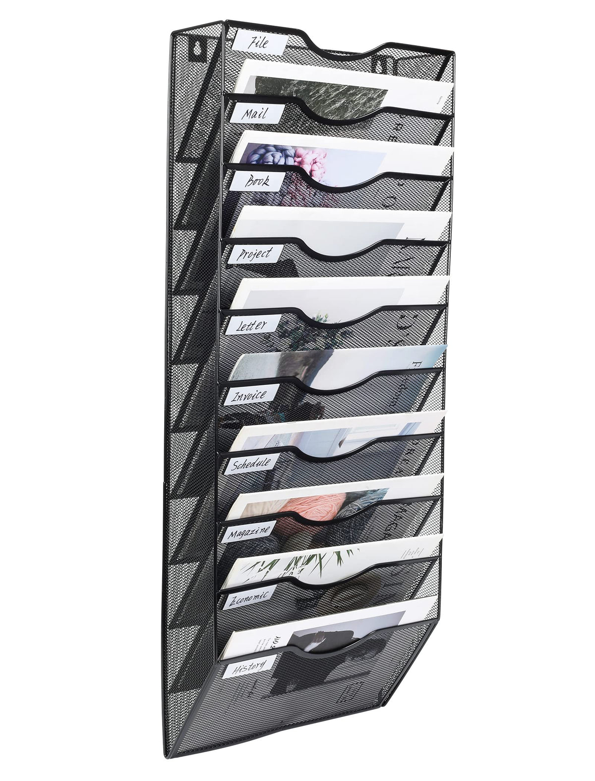 Pag Hanging Wall File Holder Organizer Mail Sorter Literature Rack For Office, 10 Pockets, Black