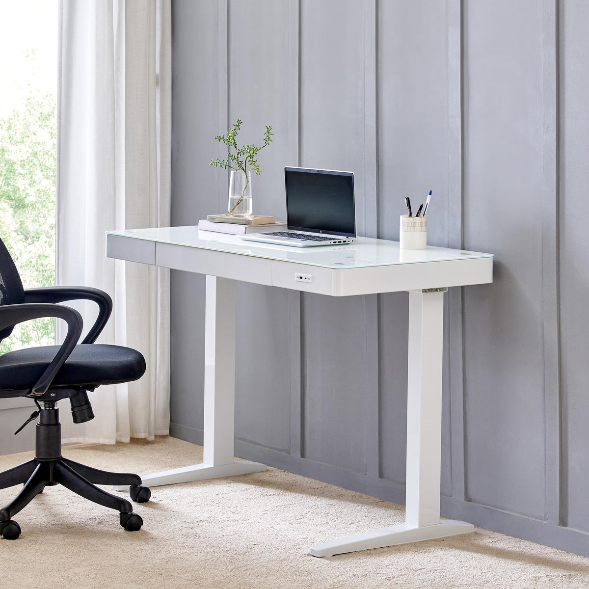 Home Centre | Trooper Tempered Glass Top Smart Study Desk | Study Table For Home Office | Metal | White | 1 Year Warranty