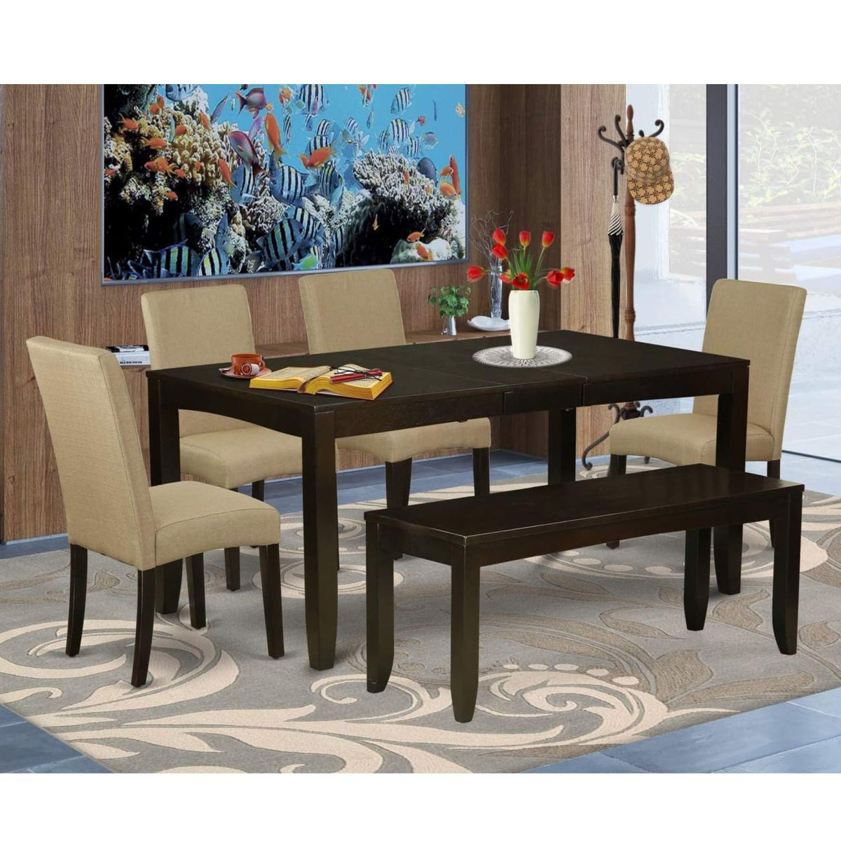 East West Furniture Lydr6-Cap-03 6 Piece Dining Set Contains A Rectangle Dining Room Table With Butterfly Leaf And 4 Brown Linen Fabric Padded Chairs With A Bench, 36X66 Inch, Cappuccino