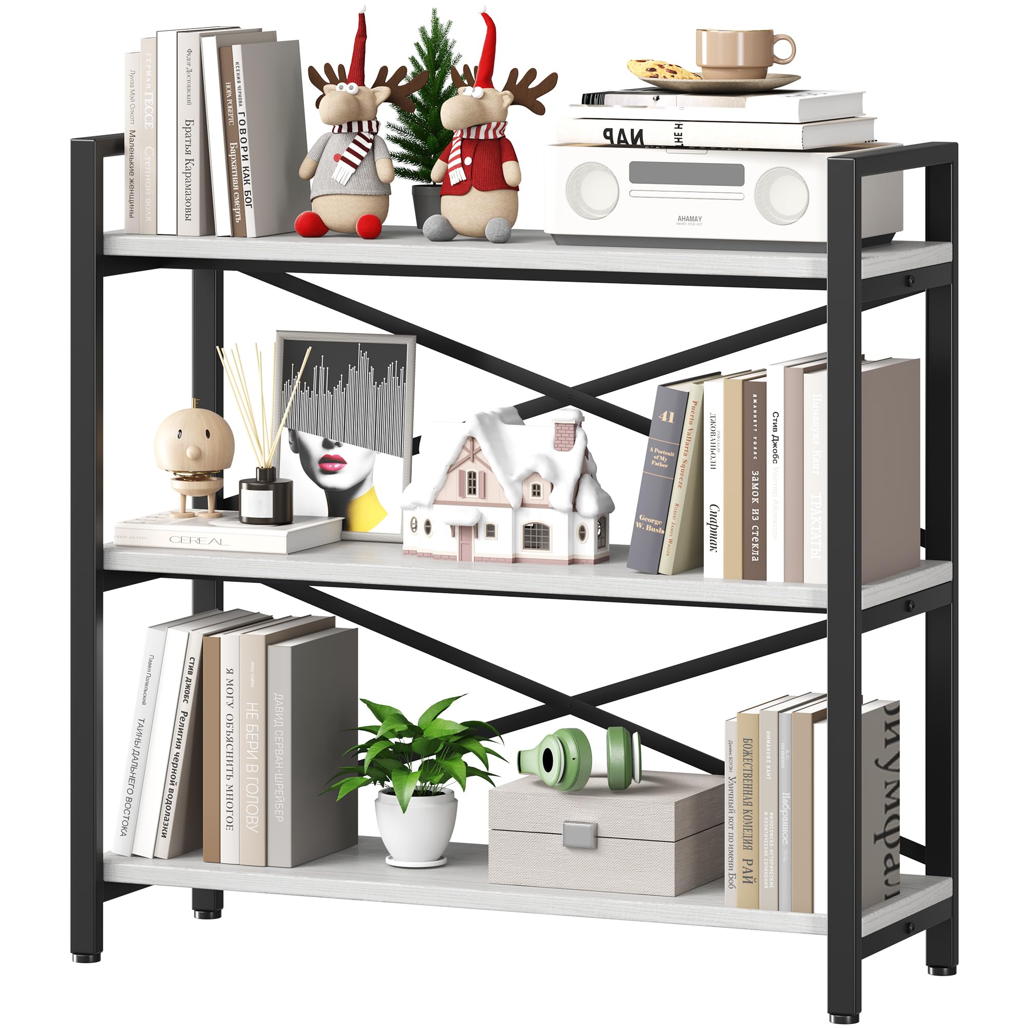 Homeiju 3 Tier Bookshelf 31.49 Width, Wood and Metal Etagere Bookcase, Vintage Farmhouse Modern Wooden Big Book Shelf for Home L