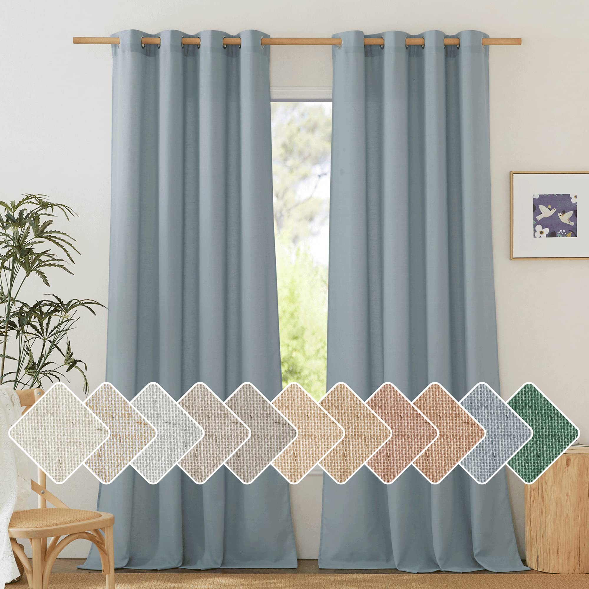 Nicetown Linen Blend Textured Living Room Curtains, Grommet Top Thick Flax Semi Sheer Vertical Drapes Privacy Assured With Light Filtering For Bedroom, Stone Blue, W55 X L84, 2 Pieces