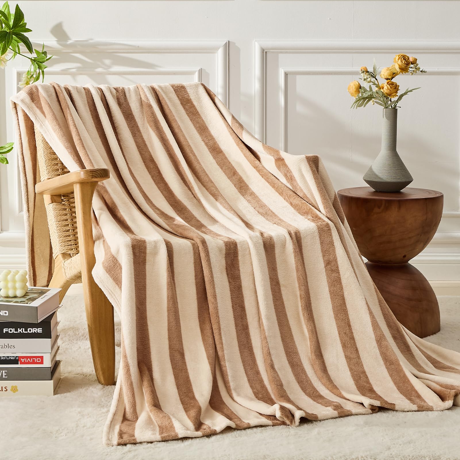 Fy Fiber House Striped Flannel Twin Blanket - Soft Cozy Striped Blanket For Couch, Sofa, Or Bed - 60'X80', Khaki, All Season U